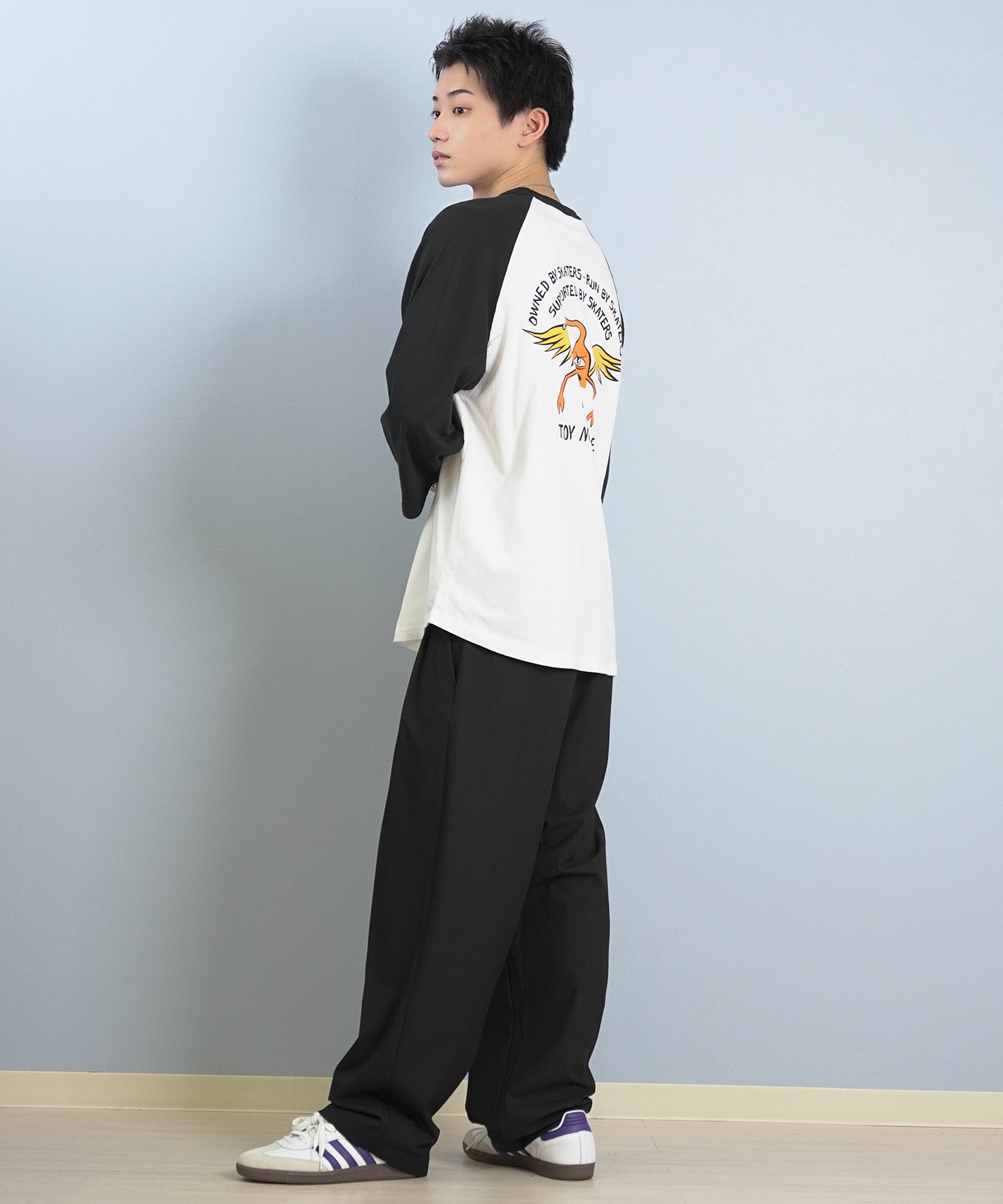 TOY MACHINE トイマシーン 七分 長袖 Tシャツ ロンT メンズ ラグラン バックプリント ロゴ オーバーサイズ MTMFFLT4(WHT3-M)