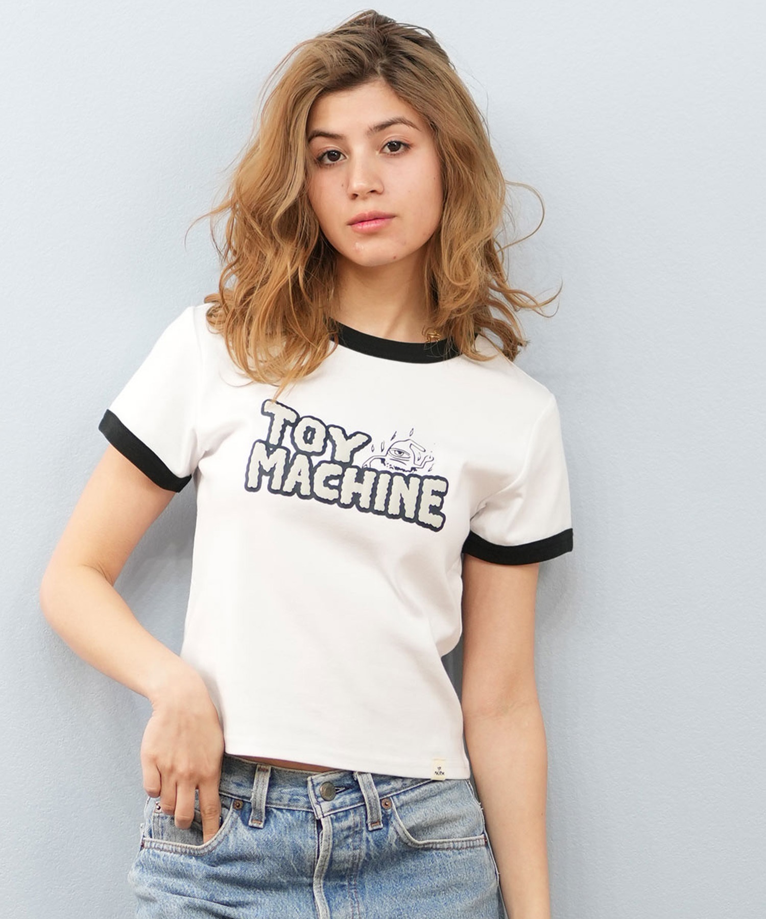 TOY MACHINE トイマシーン 半袖 Tシャツ レディース リンガーシャツ クロップド丈 MTMSFST13 ムラサキスポーツ限定(WHITE-M)