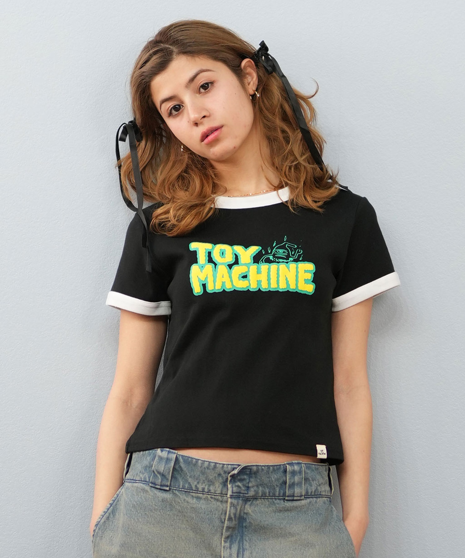 TOY MACHINE トイマシーン 半袖 Tシャツ レディース リンガーシャツ クロップド丈 MTMSFST13 ムラサキスポーツ限定(WHITE-M)