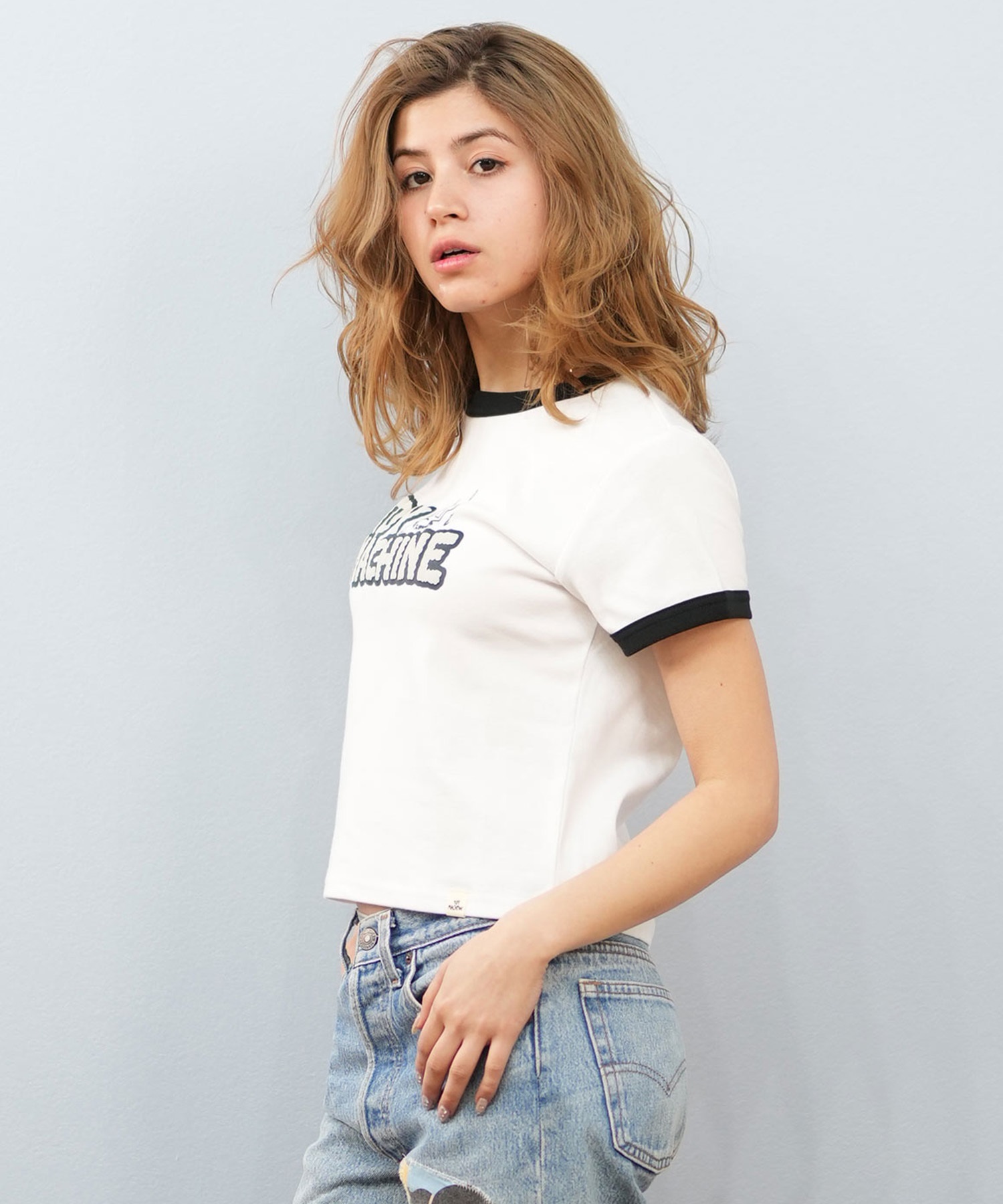 TOY MACHINE トイマシーン 半袖 Tシャツ レディース リンガーシャツ クロップド丈 MTMSFST13 ムラサキスポーツ限定(WHITE-M)