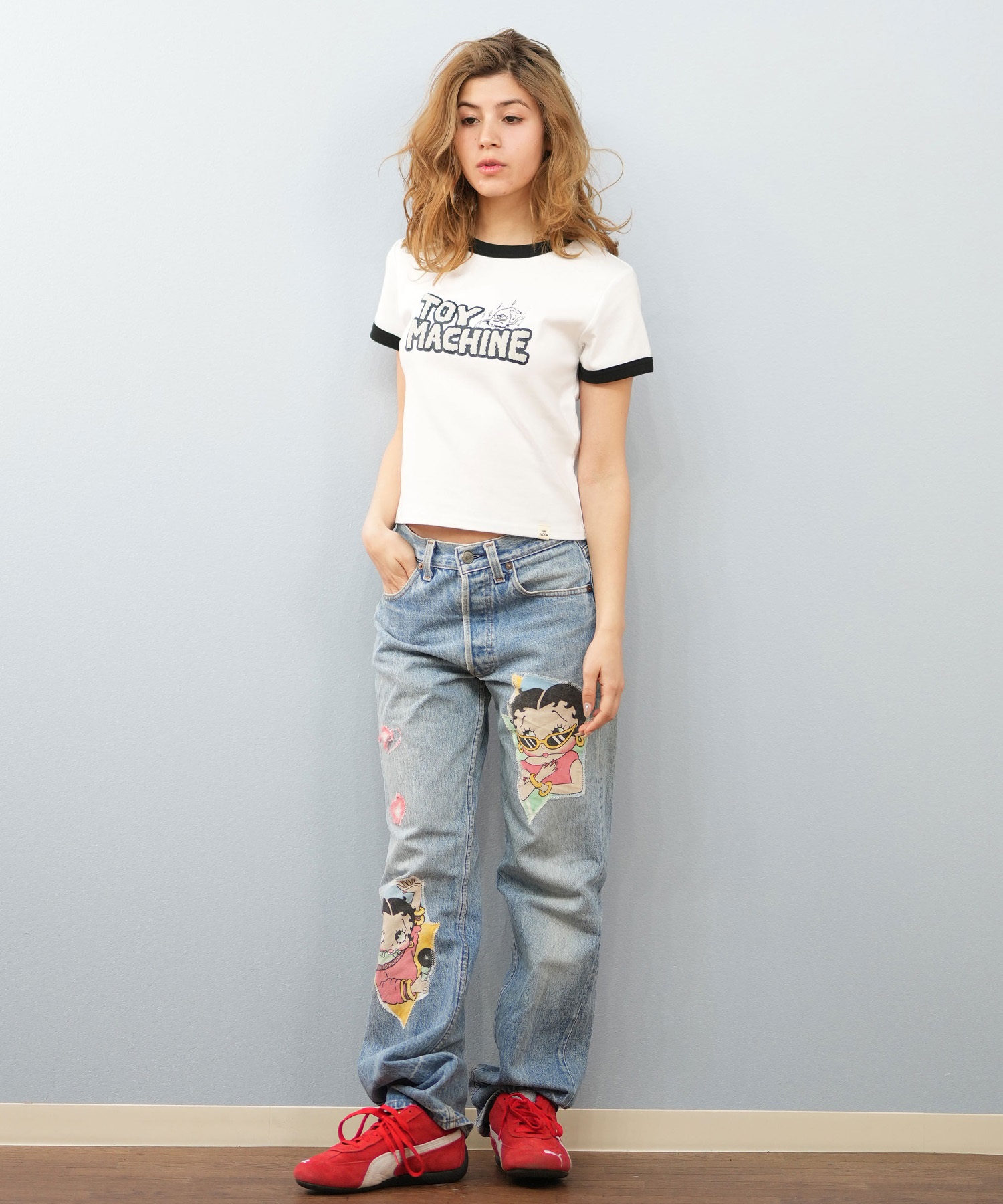 TOY MACHINE トイマシーン 半袖 Tシャツ レディース リンガーシャツ クロップド丈 MTMSFST13 ムラサキスポーツ限定(WHITE-M)