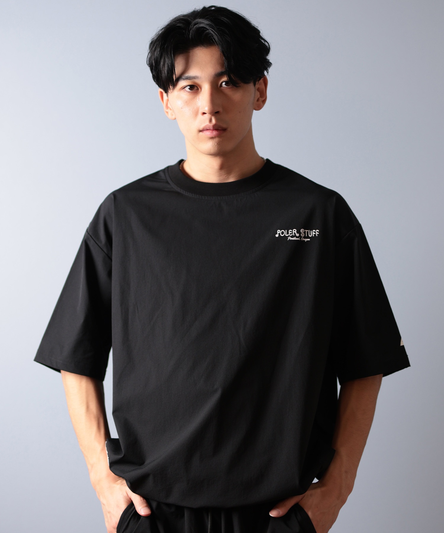 POLER ポーラー 水着 ラッシュガード 半袖 Tシャツ メンズ ワンポイント ロゴ 水陸両用 UVカット セットアップ対応 259MCV0023 ムラサキスポーツ限定(BLK-M)