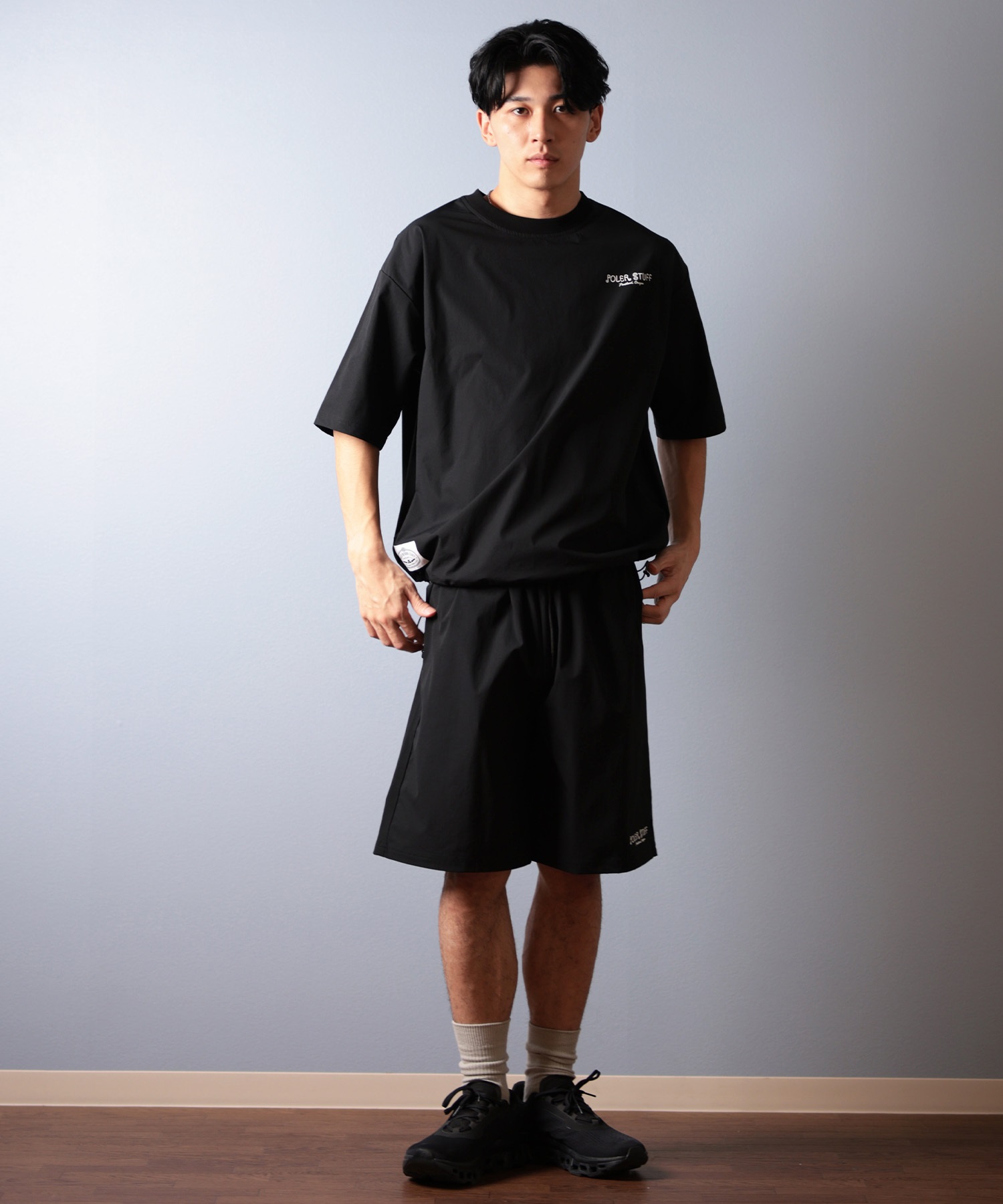 POLER ポーラー 水着 ラッシュガード 半袖 Tシャツ メンズ ワンポイント ロゴ 水陸両用 UVカット セットアップ対応 259MCV0023 ムラサキスポーツ限定(BLK-M)