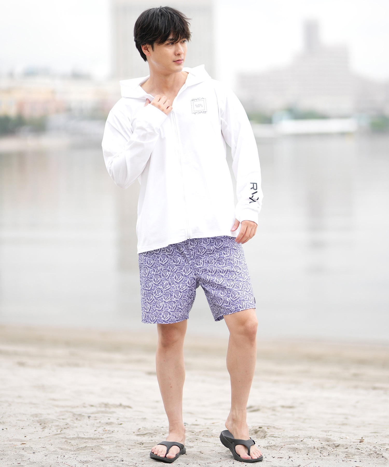 RVCA ルーカ 水着 ラッシュガード ジップアップ パーカー メンズ 長袖 バックプリント 水陸両用 UVカット 吸水速乾 BF041-P85(WHT-S)