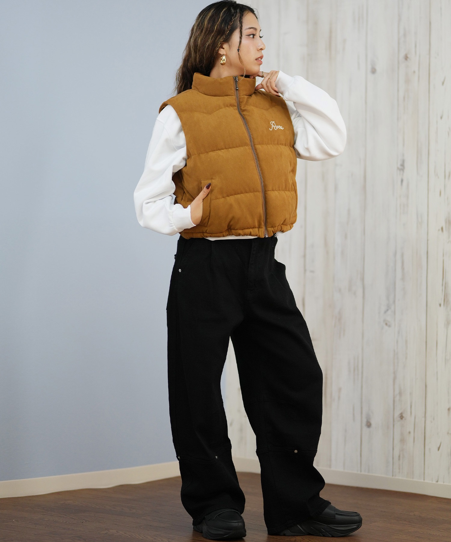 RVCA ルーカ ベスト レディース スエード ロゴ DEVON SUEDET PUFFER VEST BF044-755(BLK-S)