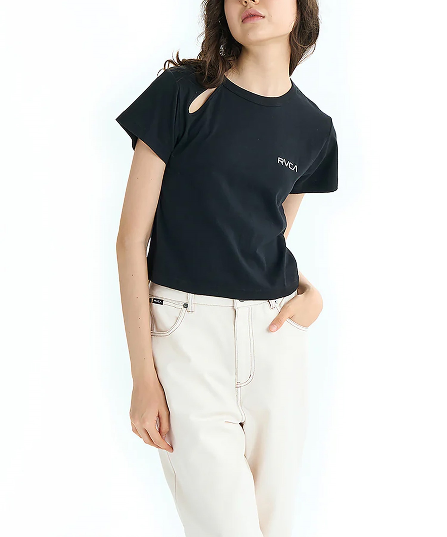 RVCA ルーカ 半袖 Tシャツ レディース ミニTシャツ クロップド丈 バックプリント PARADISE BABY ST BF04C-204(BLK-S)
