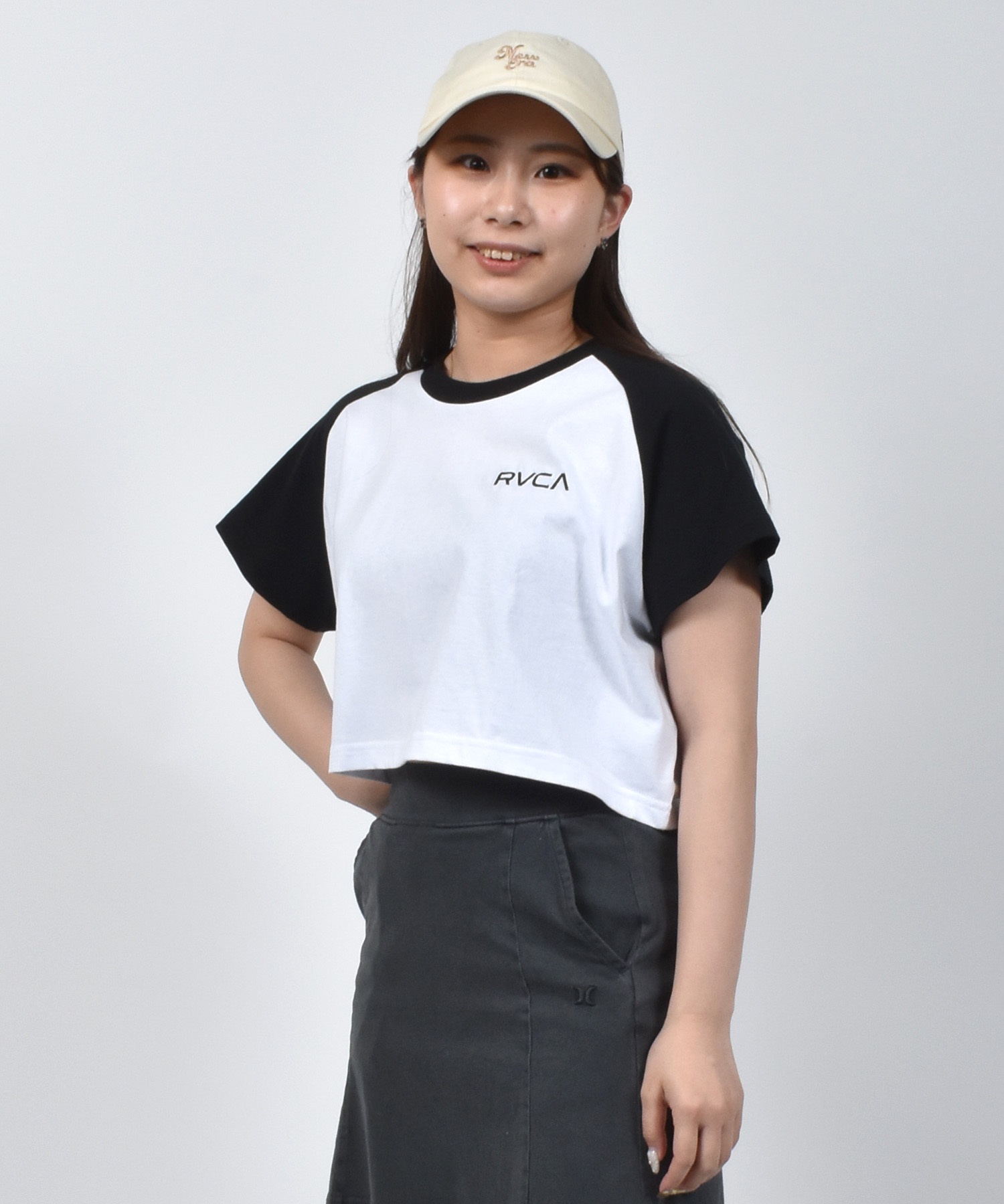 RVCA ルーカ 半袖 Tシャツ レディース クロップド丈 ショート丈 ラグラン バックプリント BF04C-P21(WHT-S)