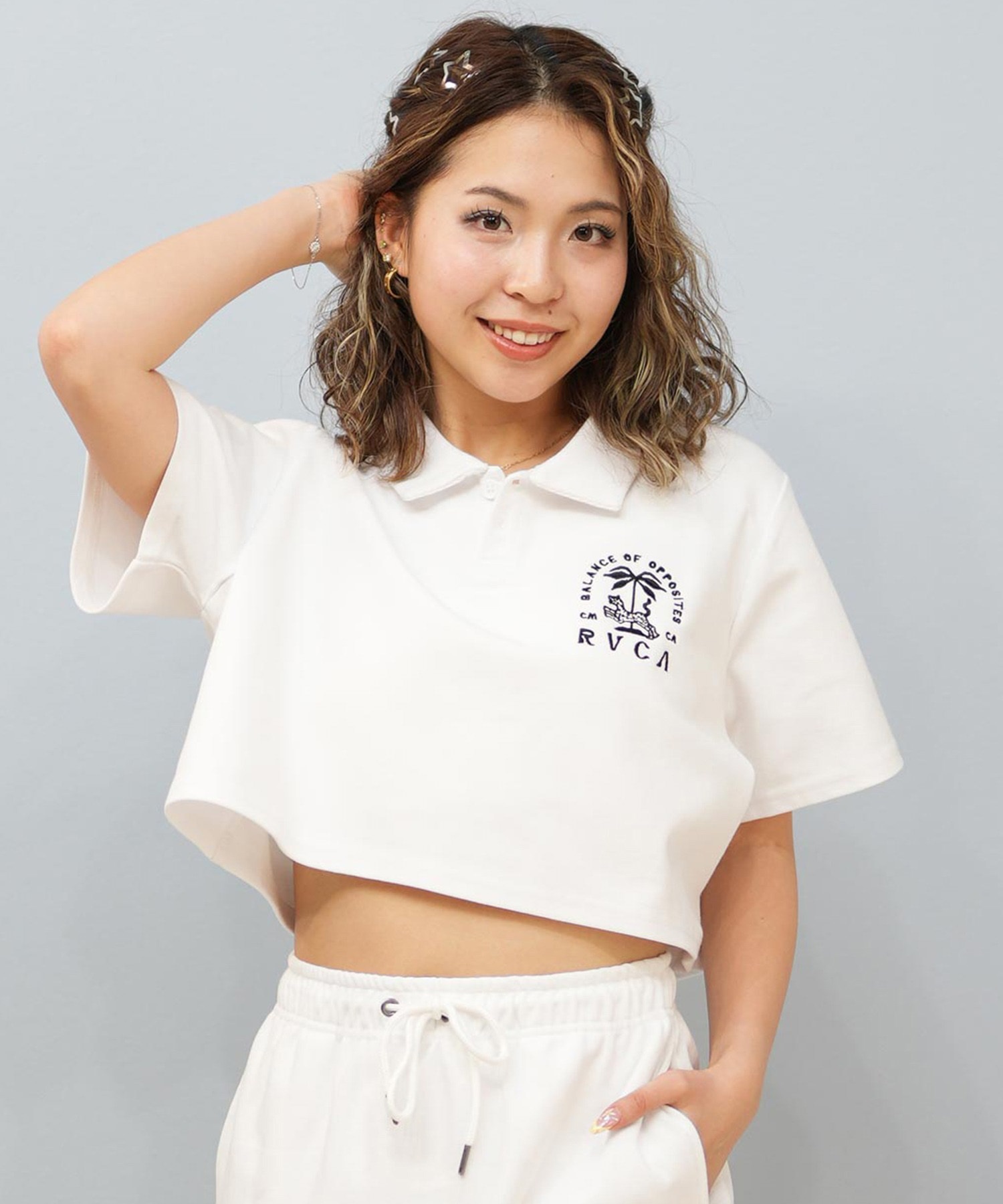 RVCA ルーカ 半袖 シャツ レディース ポロシャツ ショート丈 刺繍ロゴ BF04C-001(WHT-S)