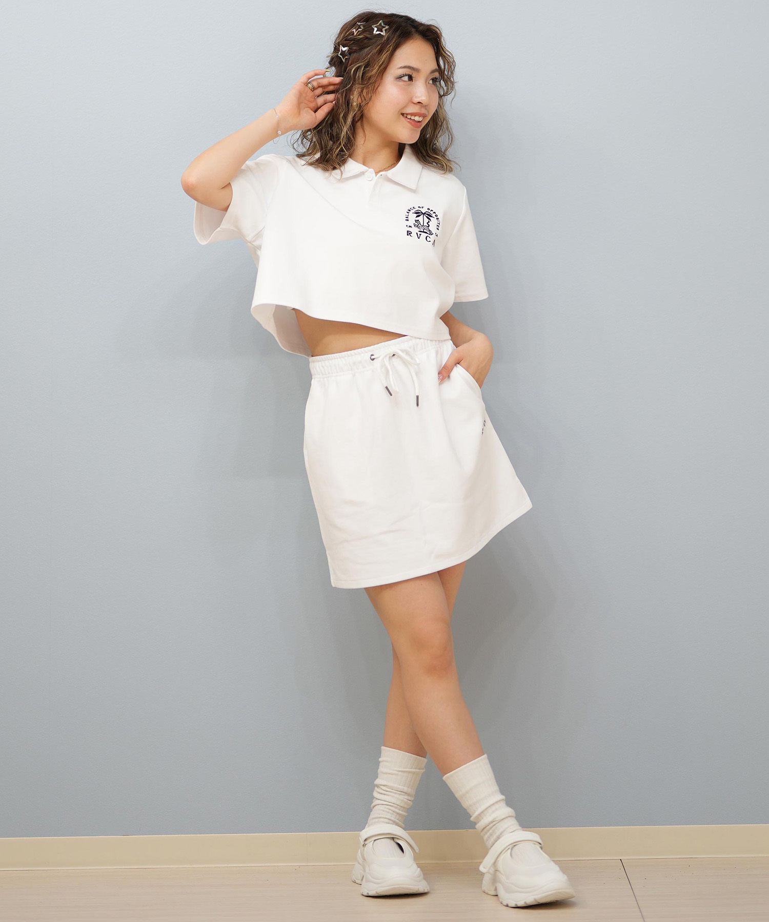 RVCA ルーカ 半袖 シャツ レディース ポロシャツ ショート丈 刺繍ロゴ BF04C-001(WHT-S)