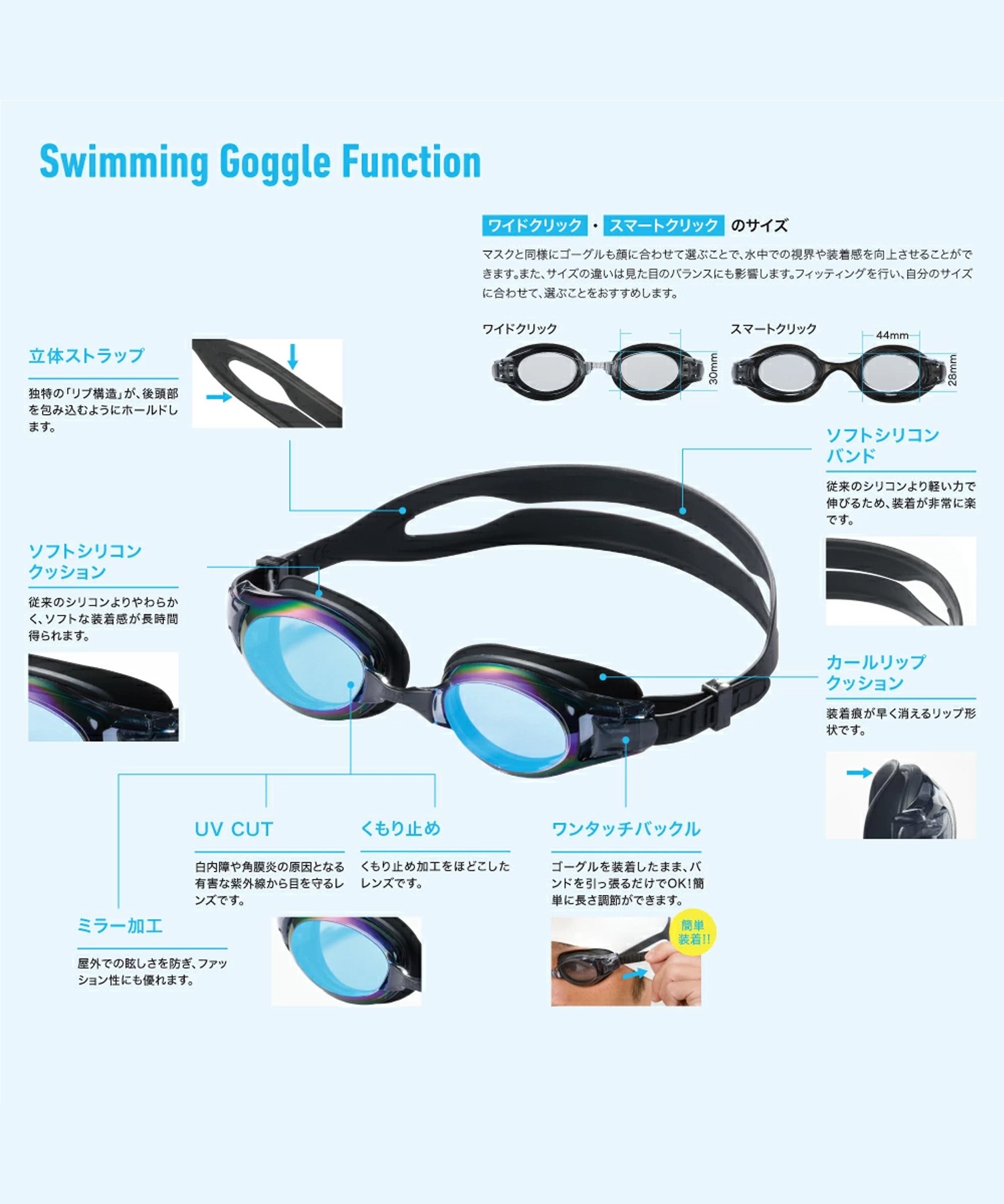 AQA エーキューエー スイミングゴーグル ウォーターランナー ワイドクリックミラー 3 KM-1623(SL.M-ONE)