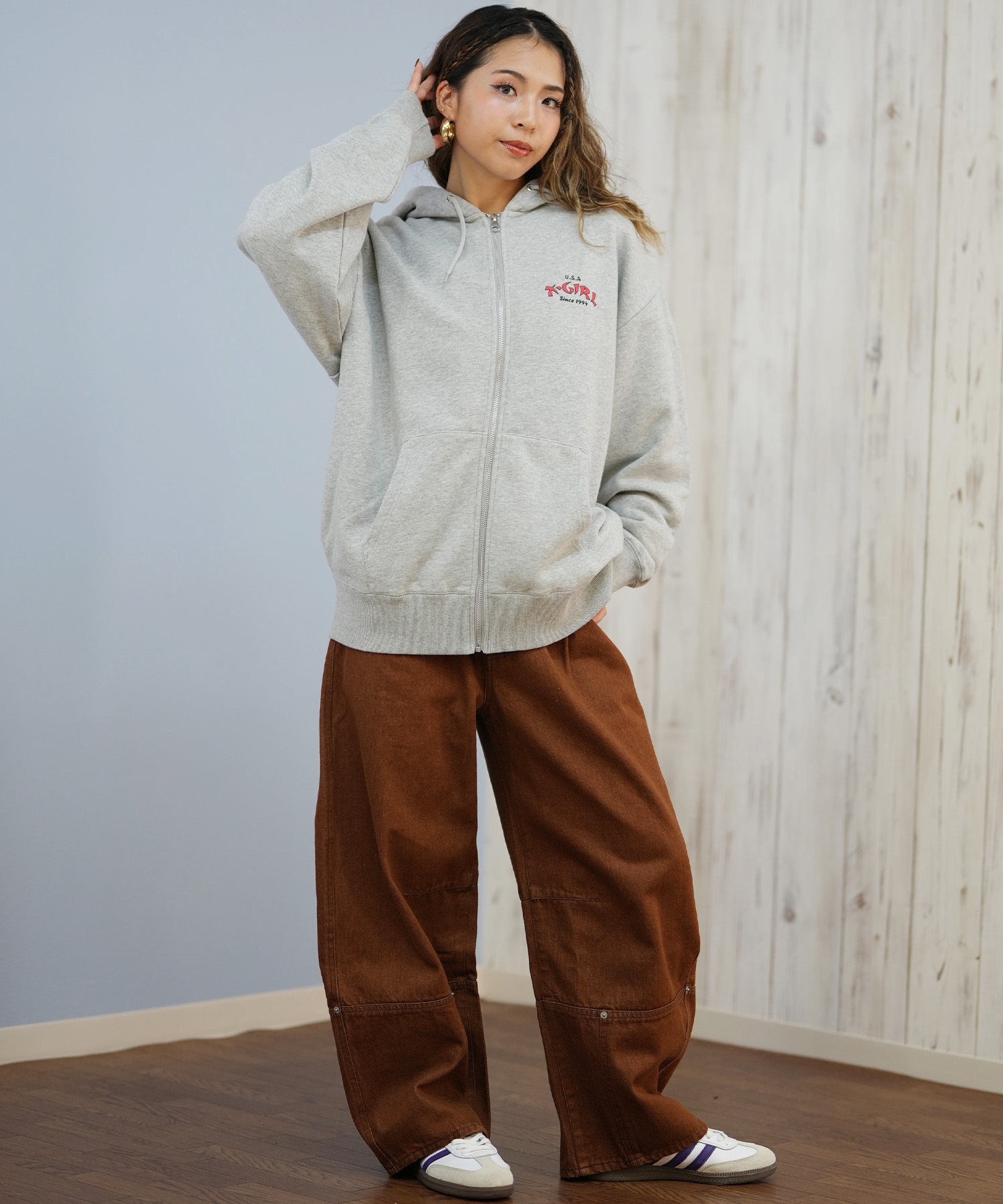 X-GIRL エックスガール ジップアップ パーカー レディース バックプリント ロゴ ARCH LOGO ZIP UP HOODIE 105253012022(ASH-S)