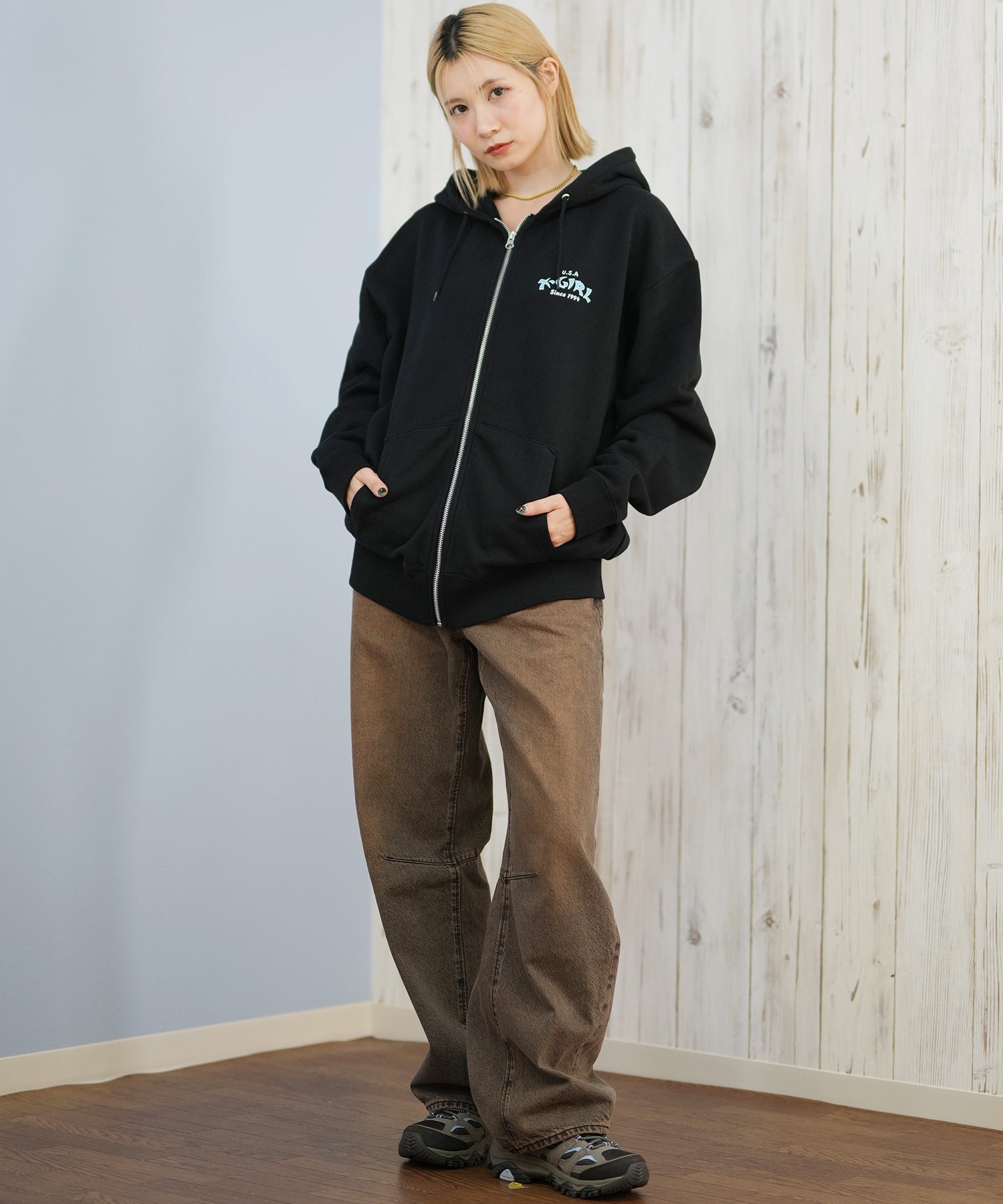 X-GIRL エックスガール ジップアップ パーカー レディース バックプリント ロゴ ARCH LOGO ZIP UP HOODIE 105253012022(ASH-S)