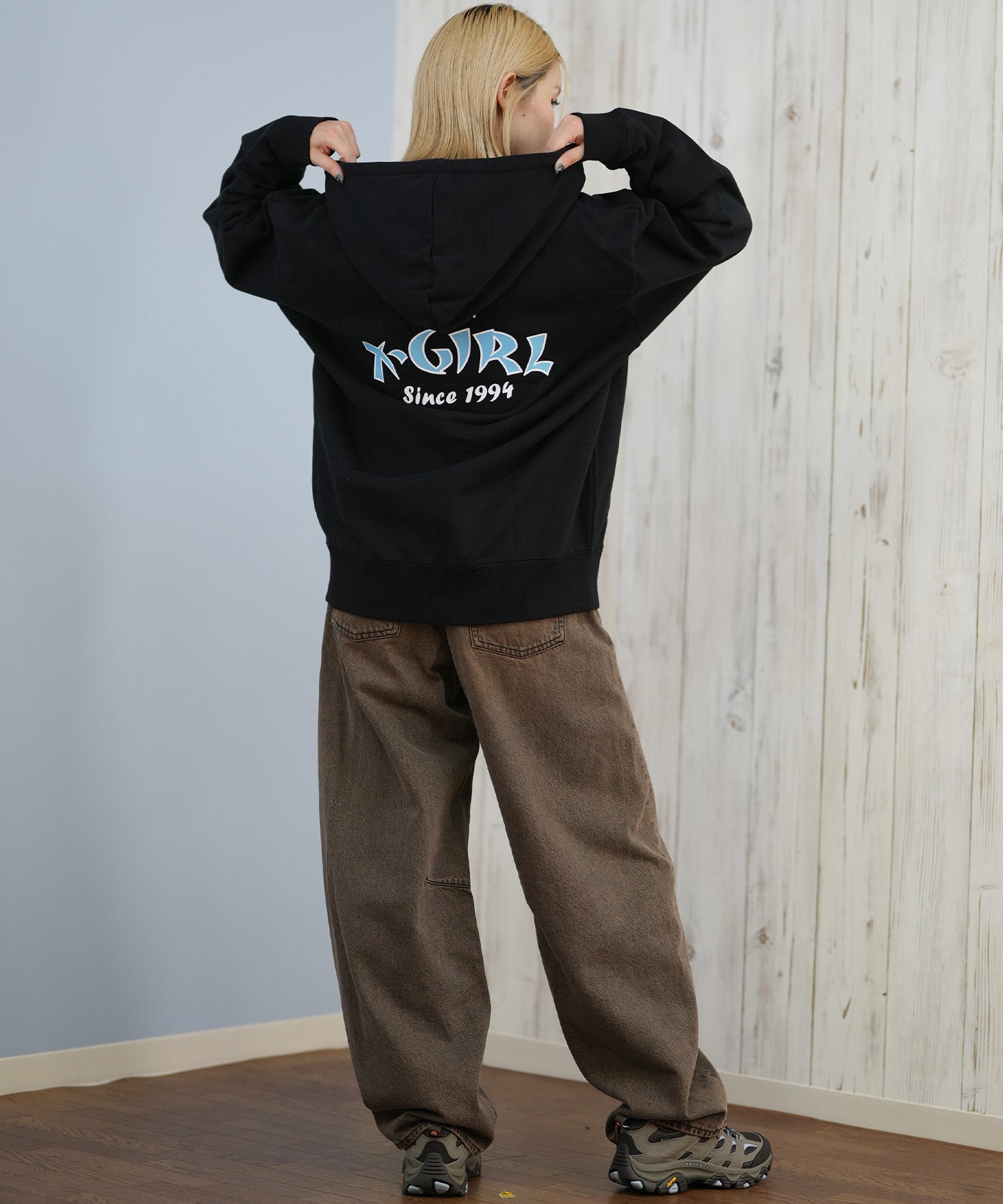 X-GIRL エックスガール ジップアップ パーカー レディース バックプリント ロゴ ARCH LOGO ZIP UP HOODIE 105253012022(ASH-S)