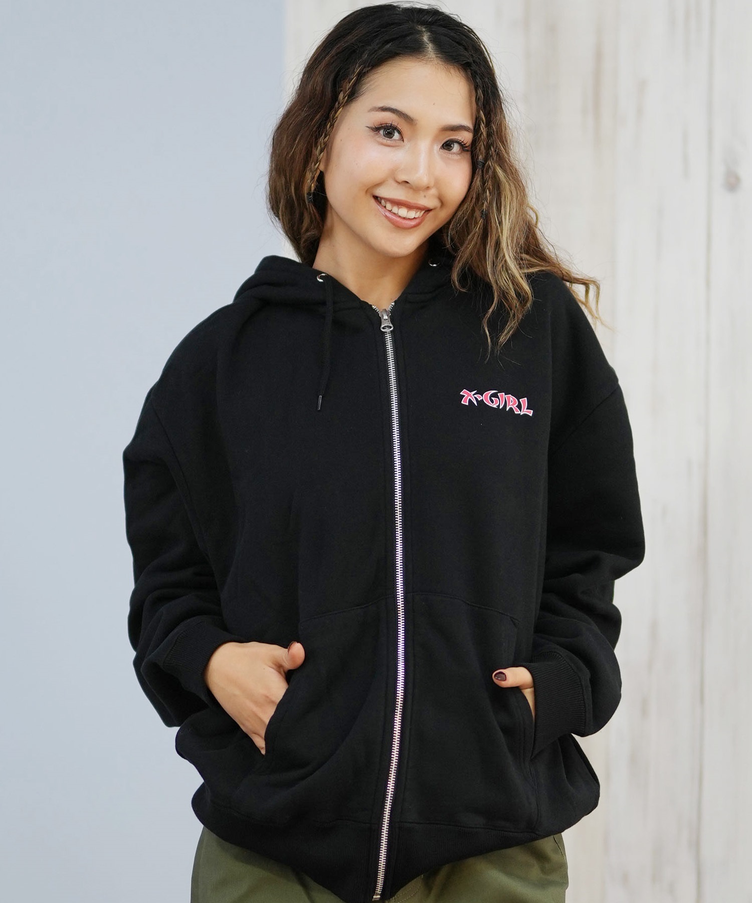 X-GIRL エックスガール ジップアップ パーカー レディース バックプリント ロゴ HEART ZIP UP HOODIE 105253012024(ASH-S)