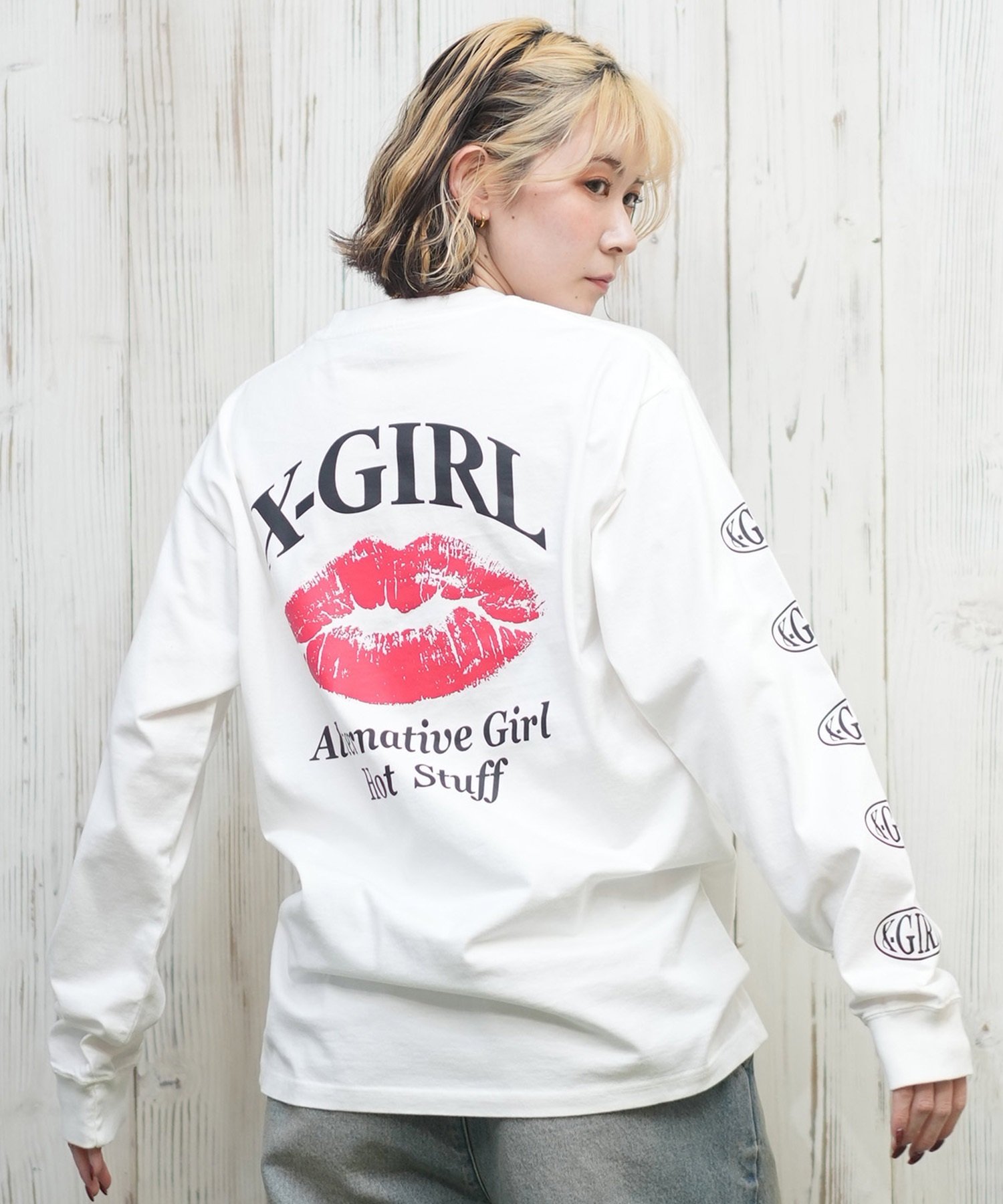 X-girl エックスガール 長袖 Tシャツ レディース ロンT 袖ロゴ