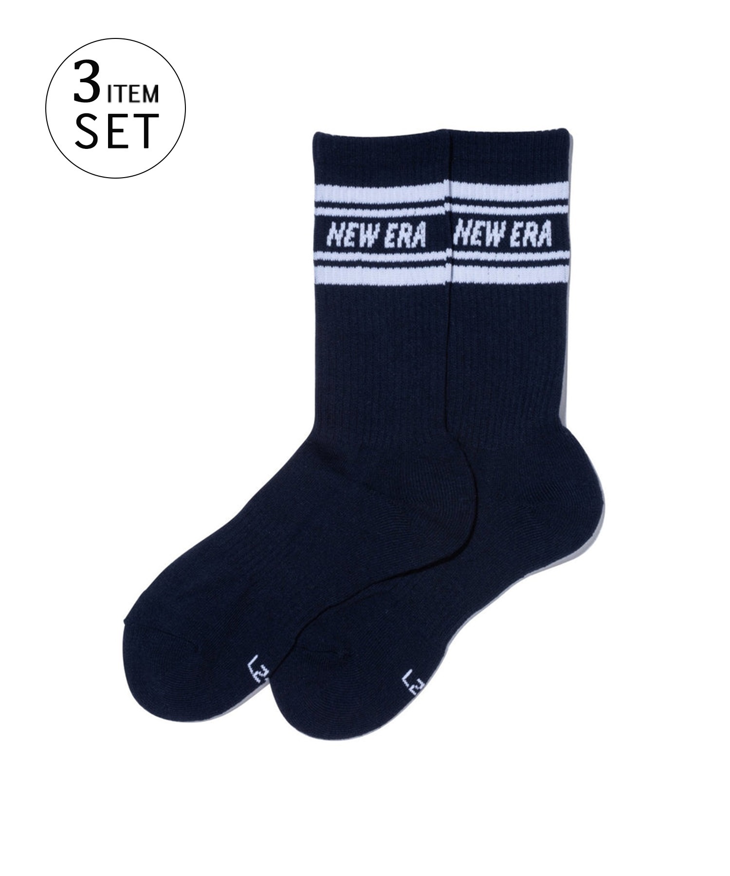 NEW ERA ニューエラ 靴下 ソックス クルー 3ペア ライン ブラック ホワイト ネイビー 14518181(MULTI-21cm)