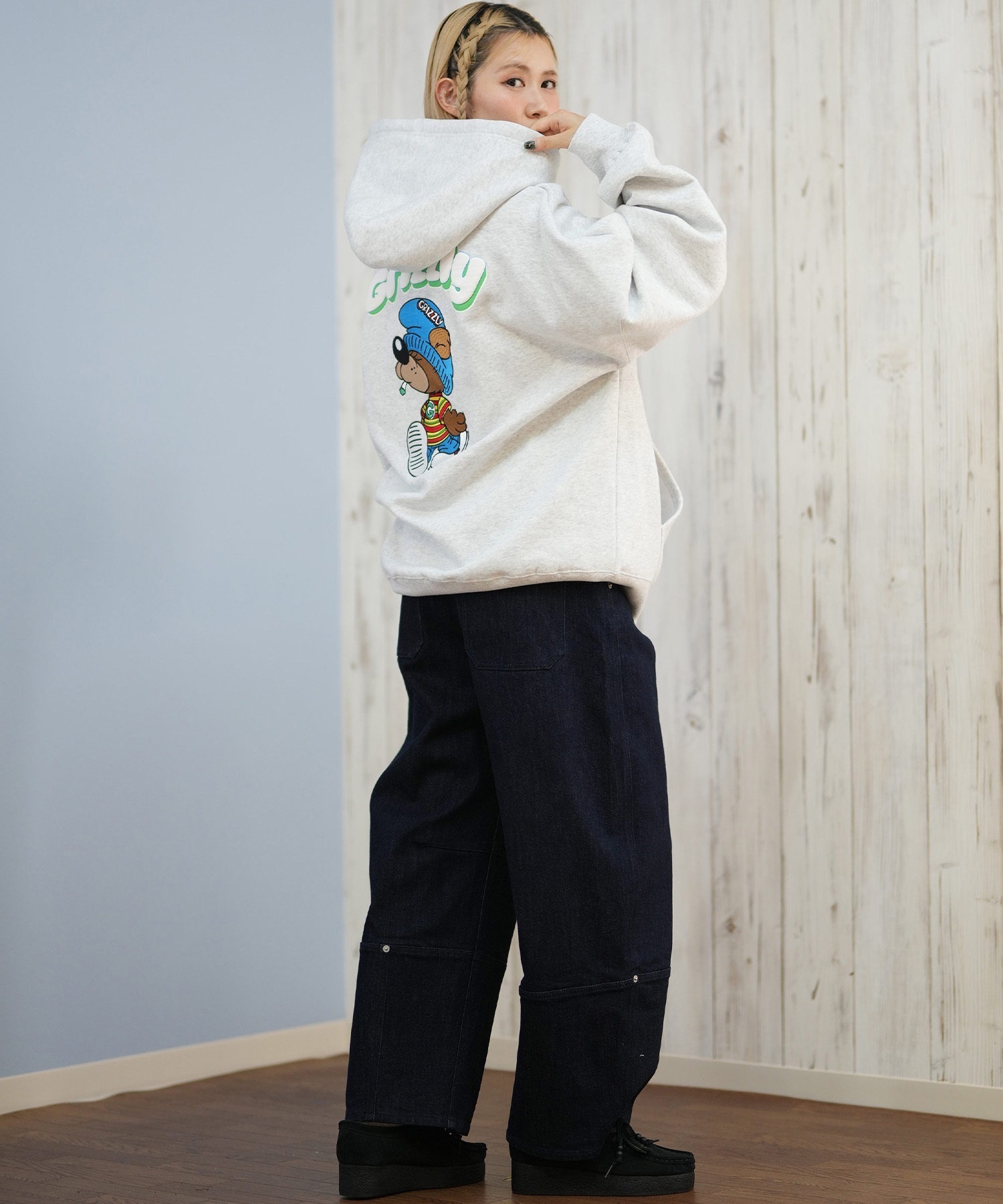 GRIZZLY グリズリー プルオーバー パーカー レディース バックプリント ロゴ KNIT HAT SMOKEY G25FW-4333(BLK-M)