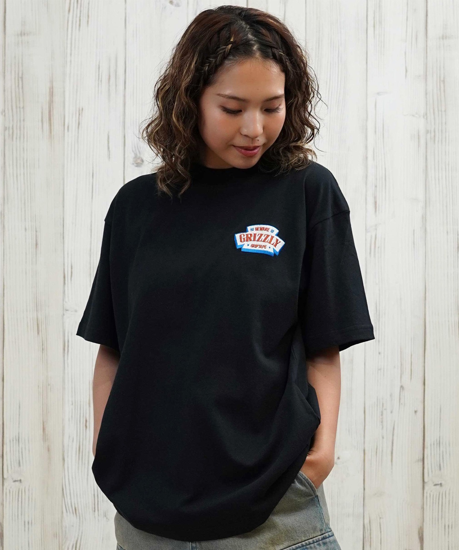 GRIZZLY グリズリー 半袖 Tシャツ レディース バックプリント オーバーサイズ G25SS1431(BLK-M)