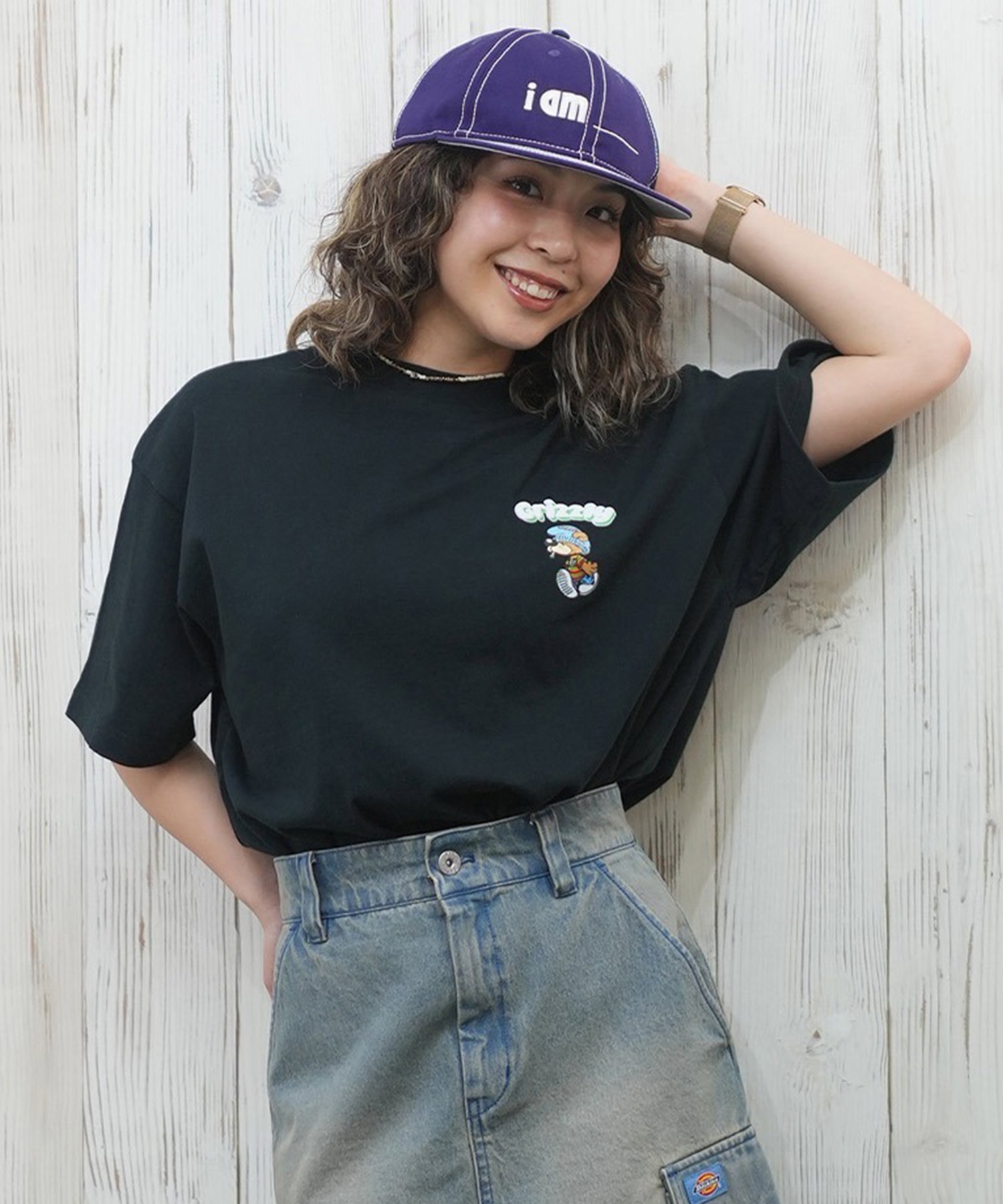GRIZZLY グリズリー 半袖 Tシャツ レディース バックプリント オーバーサイズ G25SS1433(BLK-M)