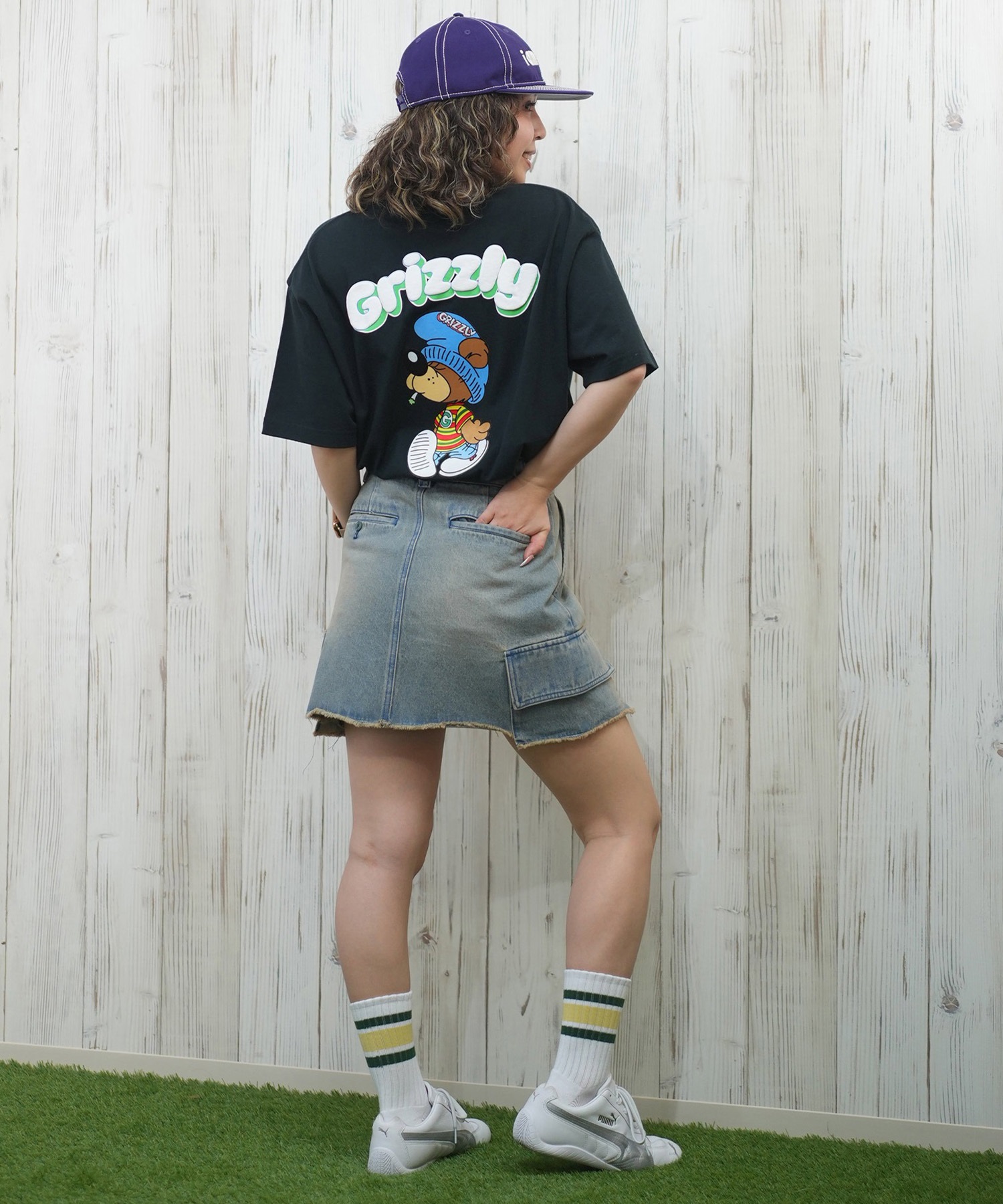 GRIZZLY グリズリー 半袖 Tシャツ レディース バックプリント オーバーサイズ G25SS1433(BLK-M)