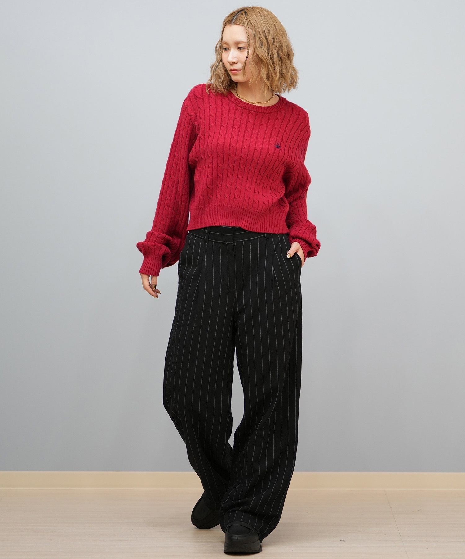 BEVERY HILLS P.C ビバリーヒルズポロクラブ ニット セーター レディース クロップド丈 ショート丈 ケーブル編み 5487-6752(01RD-M)