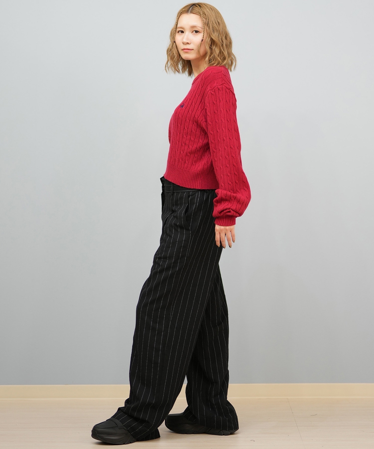 BEVERY HILLS P.C ビバリーヒルズポロクラブ ニット セーター レディース クロップド丈 ショート丈 ケーブル編み 5487-6752(01RD-M)