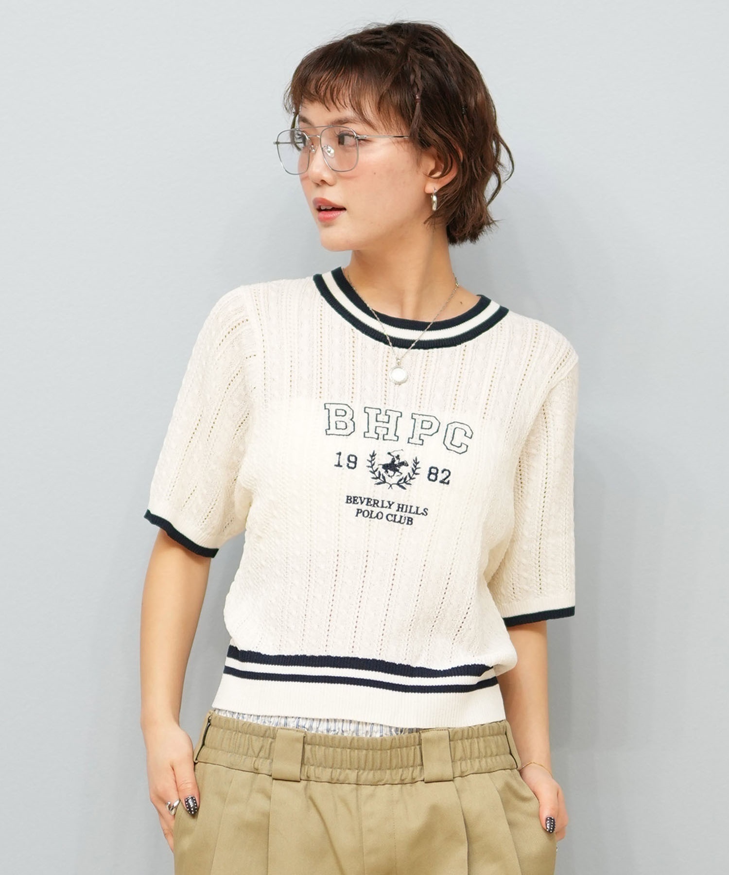 BEVERY HILLS P.C ビバリーヒルズポロクラブ 半袖 Tシャツ レディース ケーブルニットTシャツ 5287-5750(09OF-M)
