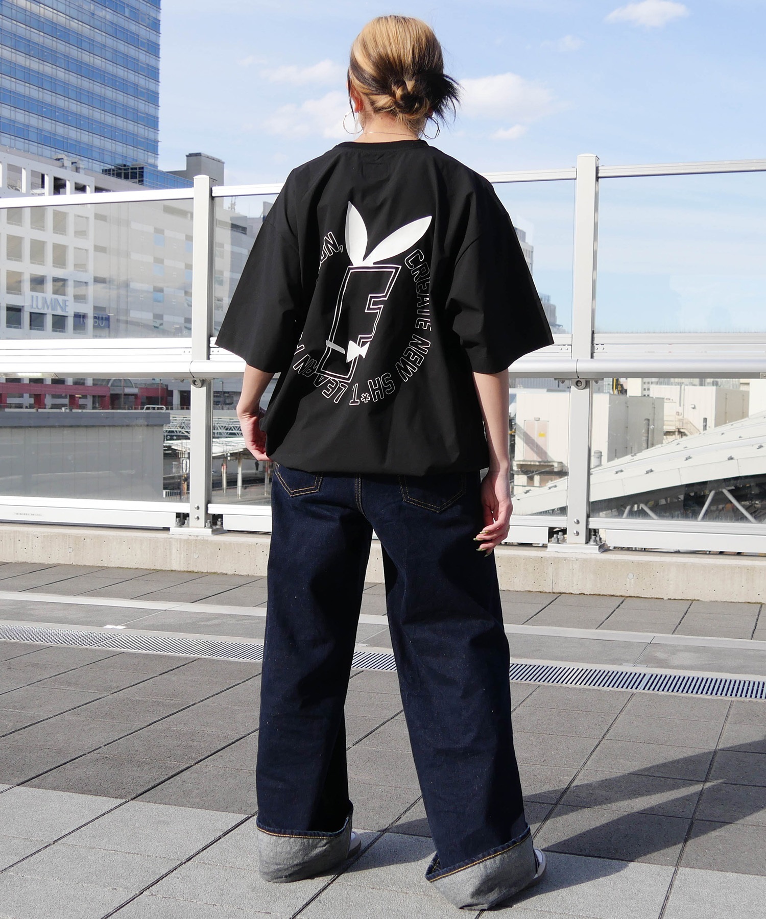 FORGET NEVER フォーゲットネバー 半袖 Tシャツ メンズ バックプリント オーバーサイズ 252OO1ST633FN ムラサキスポーツ限定(BLK-M)