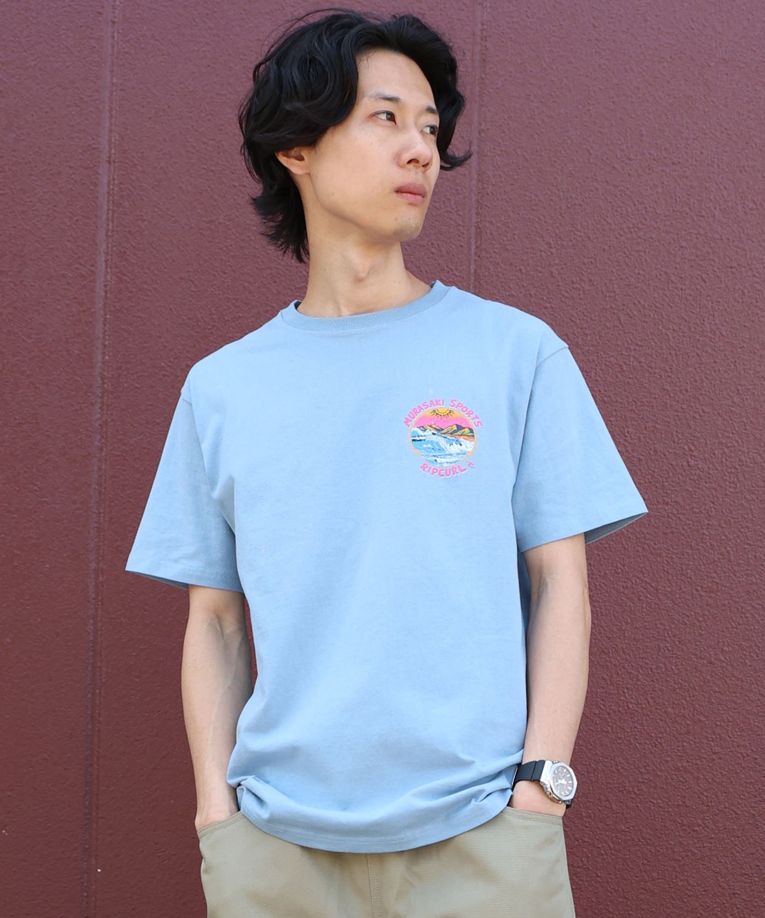 MURASAKI ムラサキ × RIPCURL リップカール コラボレーション 半袖 Tシャツ メンズ M RCM6S-2101 ムラサキスポーツ限定(WHT-M)