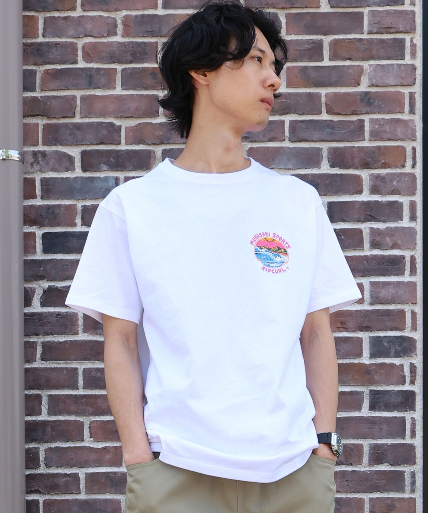 MURASAKI ムラサキ × RIPCURL リップカール コラボレーション 半袖 Tシャツ メンズ M RCM6S-2101 ムラサキスポーツ限定(WHT-M)