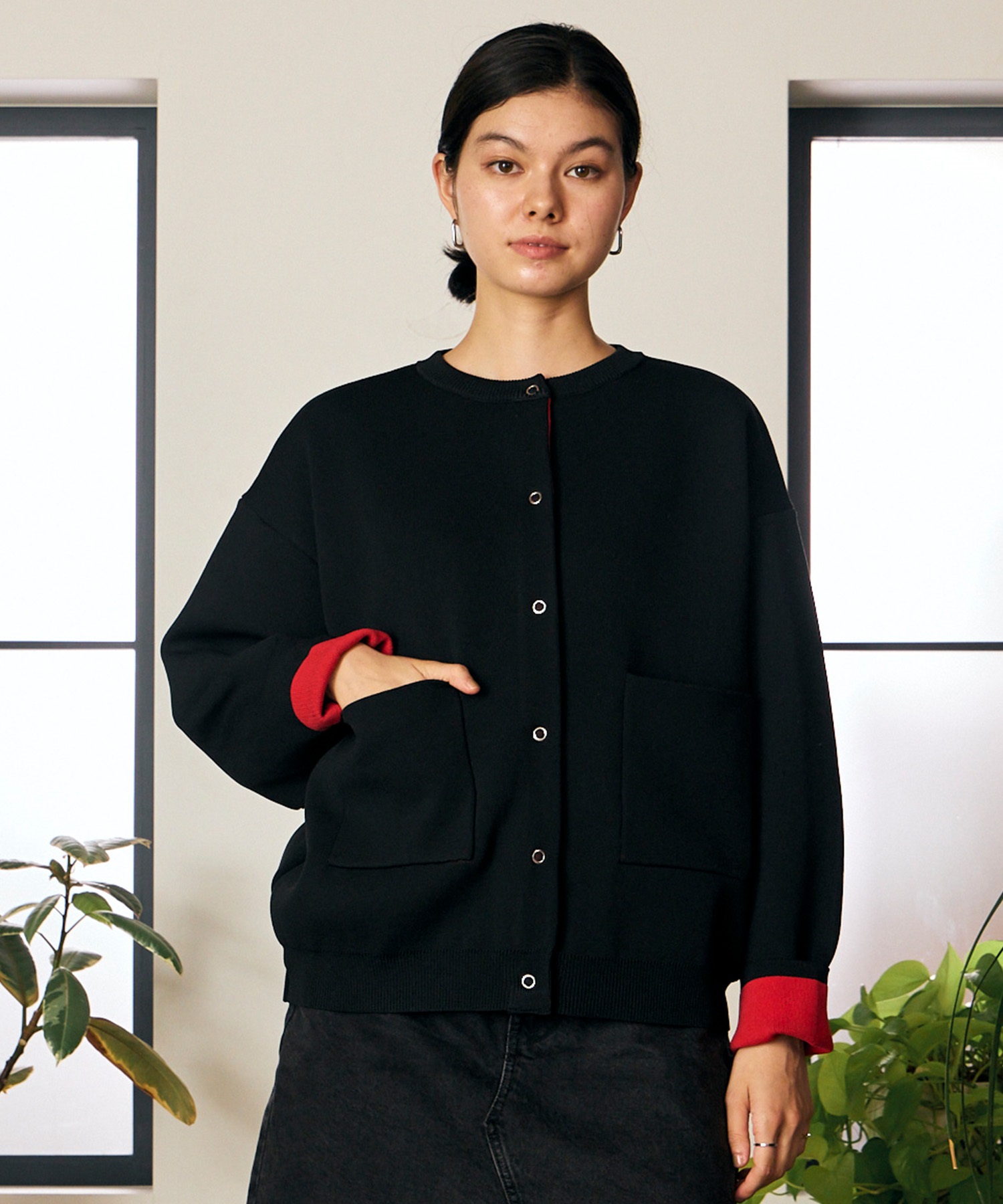 RIKKA FEMME リッカファム ニット セーター カーディガン レディース ウォッシャブル 裏配色 スウェット風 RF6F-1302(BLK-FREE)
