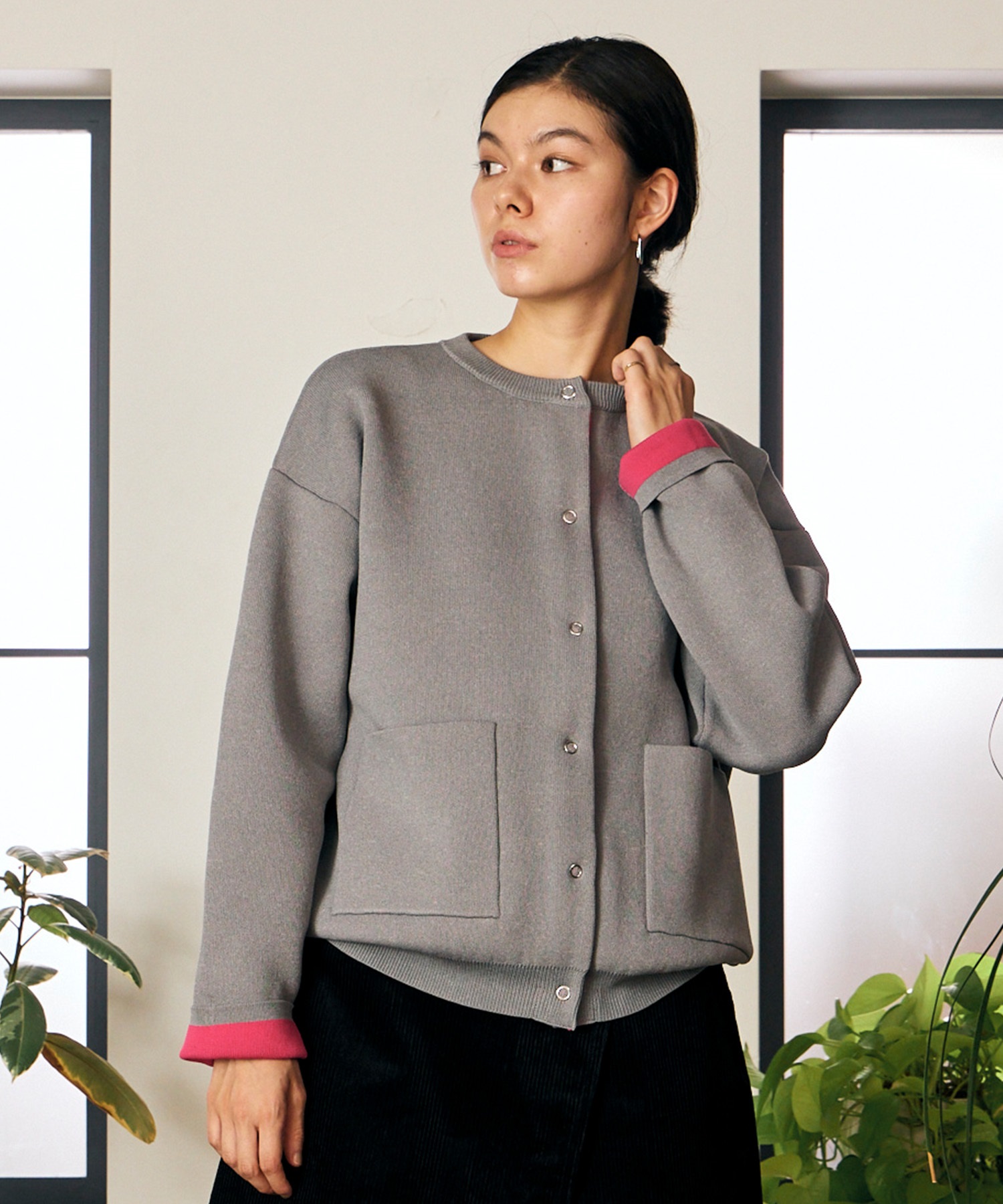 RIKKA FEMME リッカファム ニット セーター カーディガン レディース ウォッシャブル 裏配色 スウェット風 RF6F-1302(BLK-FREE)