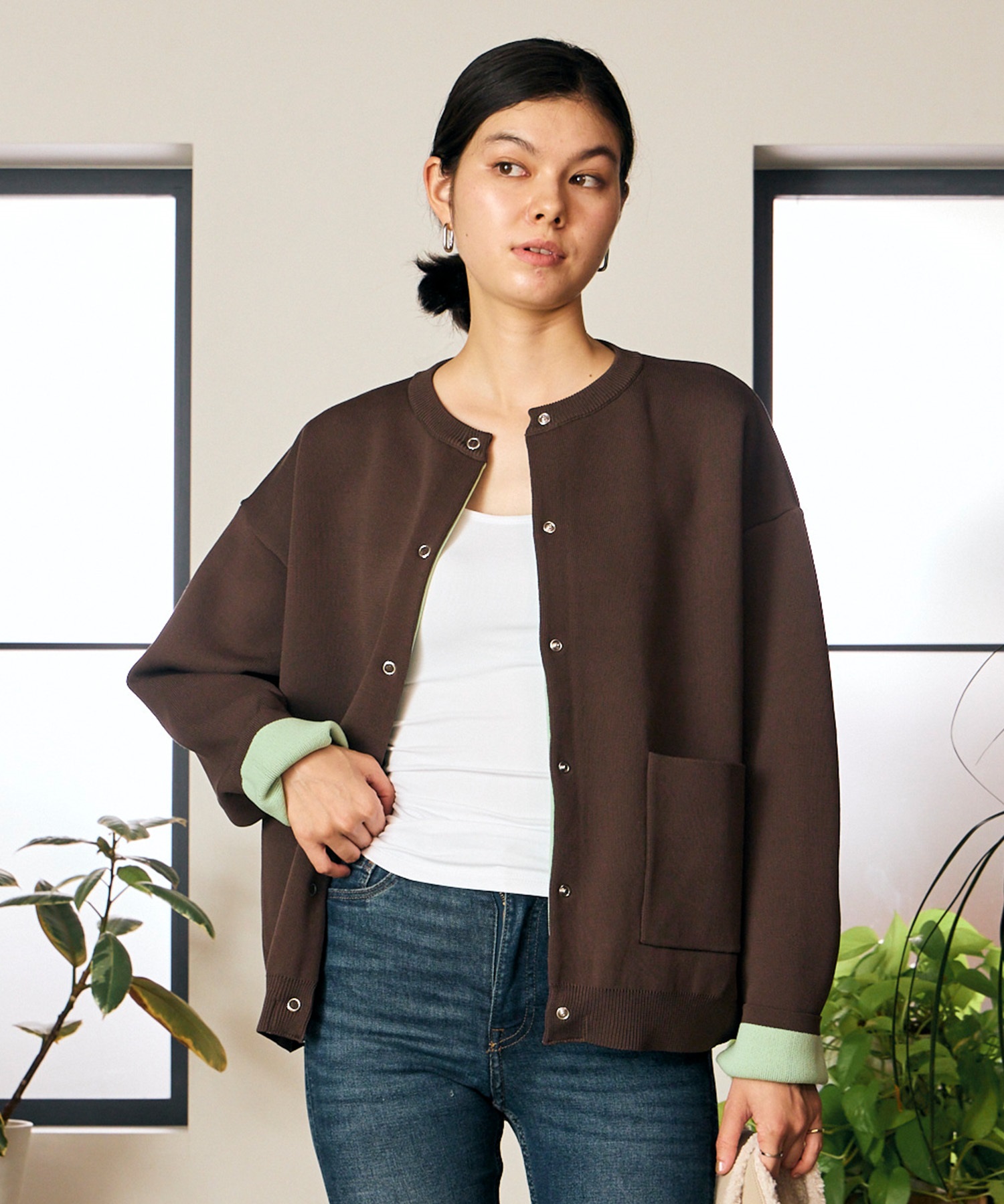 RIKKA FEMME リッカファム ニット セーター カーディガン レディース ウォッシャブル 裏配色 スウェット風 RF6F-1302(BLK-FREE)