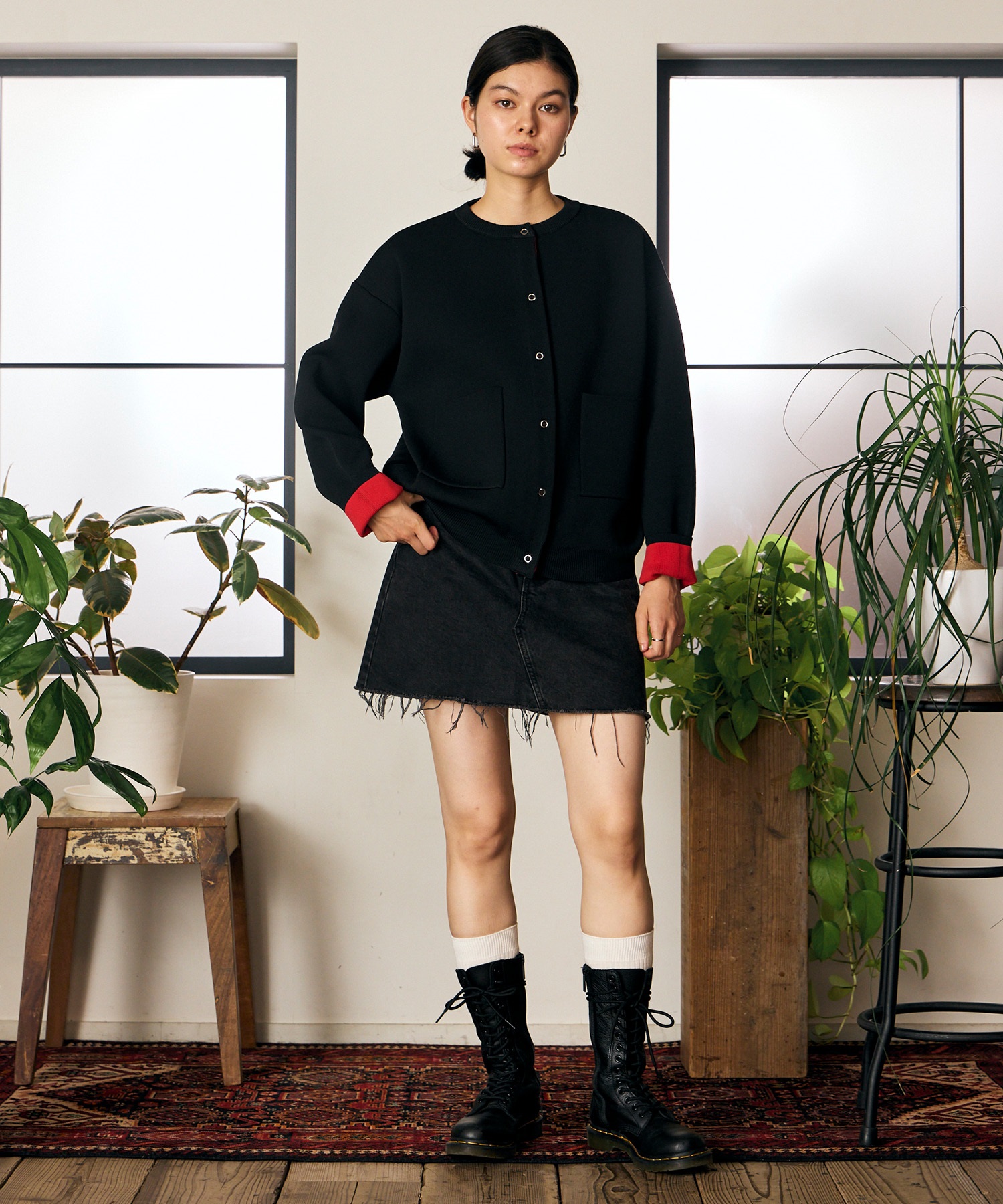 RIKKA FEMME リッカファム ニット セーター カーディガン レディース ウォッシャブル 裏配色 スウェット風 RF6F-1302(BLK-FREE)