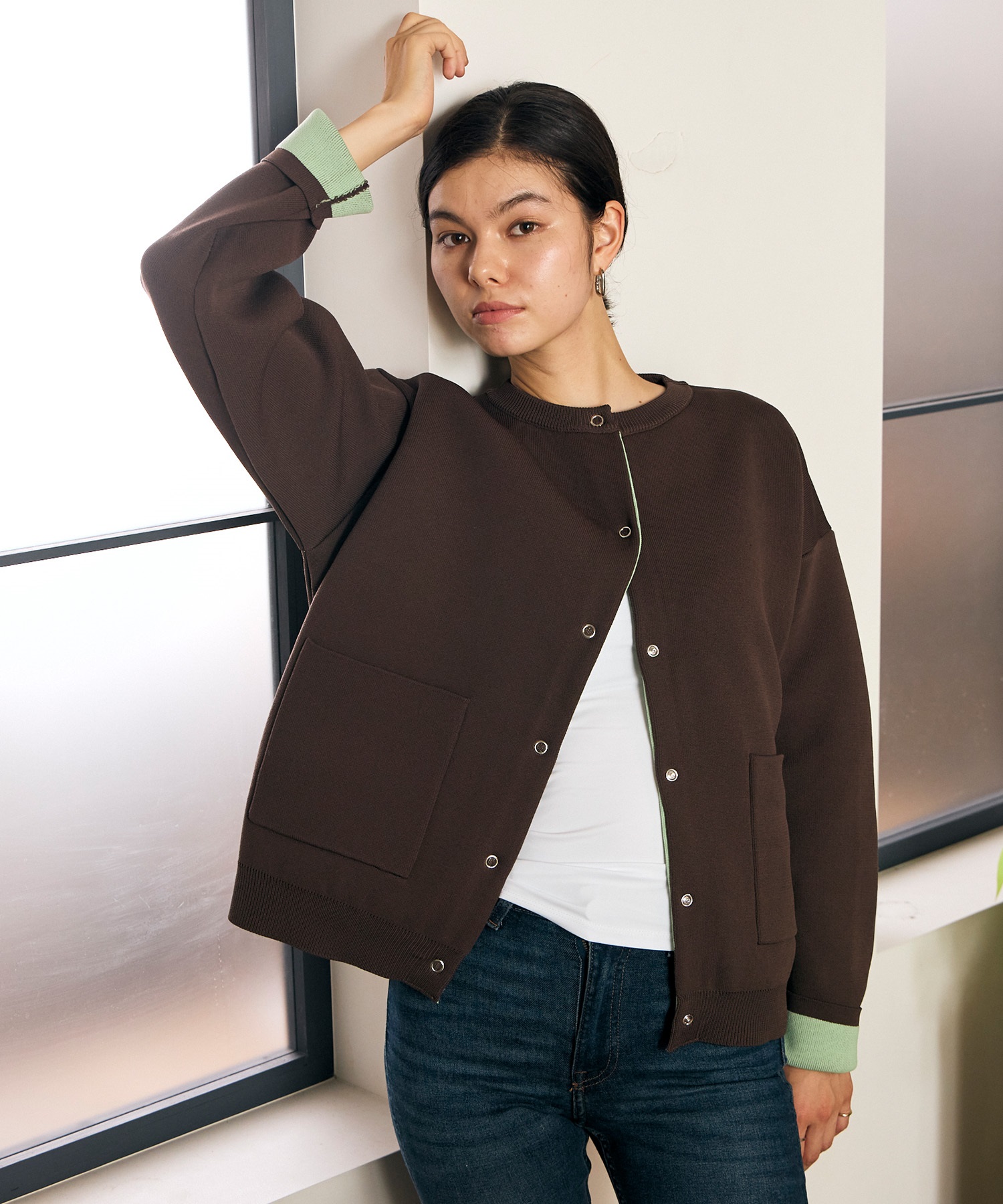 RIKKA FEMME リッカファム ニット セーター カーディガン レディース ウォッシャブル 裏配色 スウェット風 RF6F-1302(BLK-FREE)
