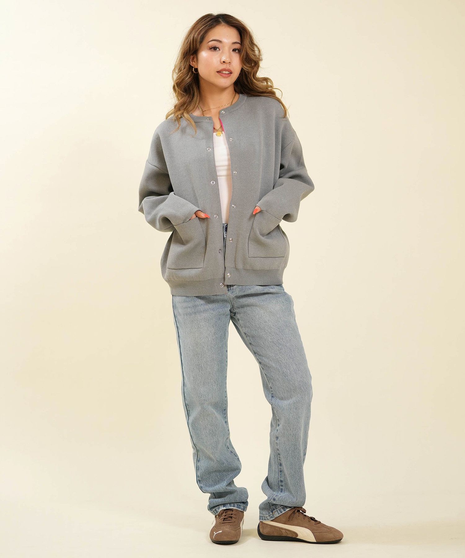 RIKKA FEMME リッカファム ニット セーター カーディガン レディース ウォッシャブル 裏配色 スウェット風 RF6F-1302(BLK-FREE)
