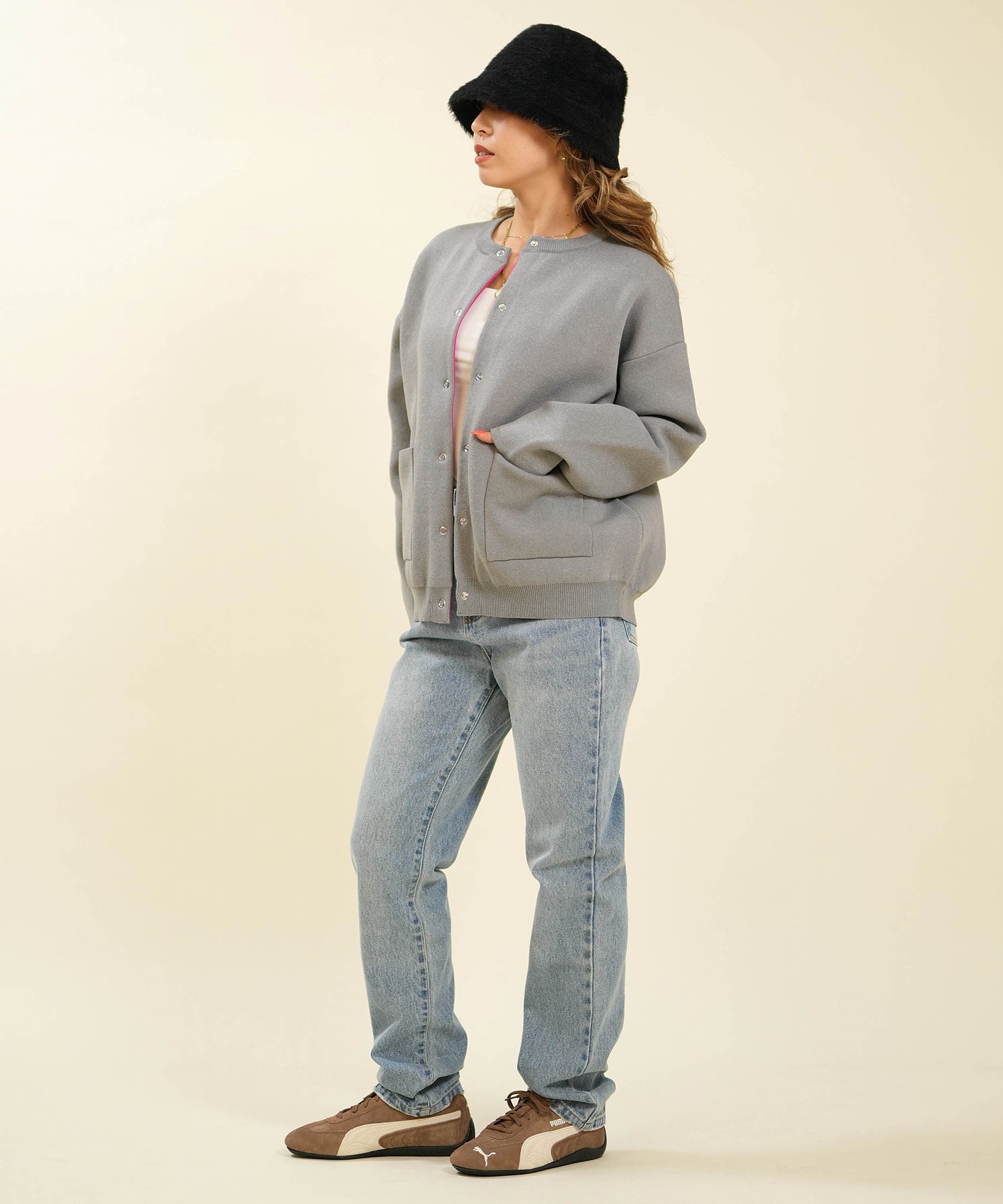 RIKKA FEMME リッカファム ニット セーター カーディガン レディース ウォッシャブル 裏配色 スウェット風 RF6F-1302(BLK-FREE)