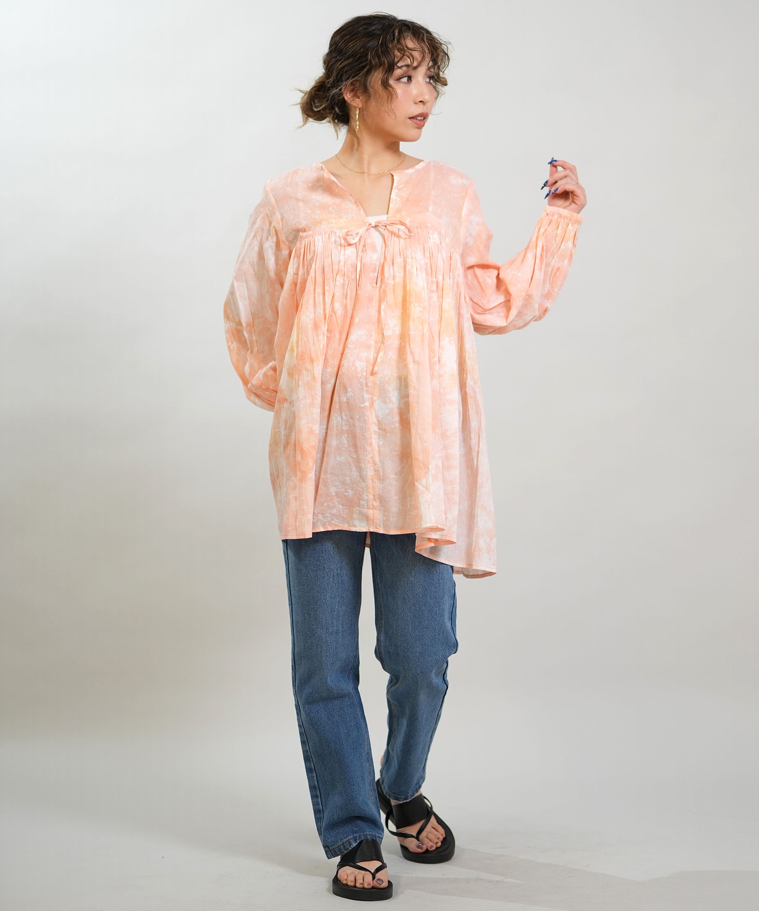 RIKKA FEMME リッカファム ワンピース レディース 長袖 キーネック タイダイ柄 RF6S-1401(BLU-FREE)