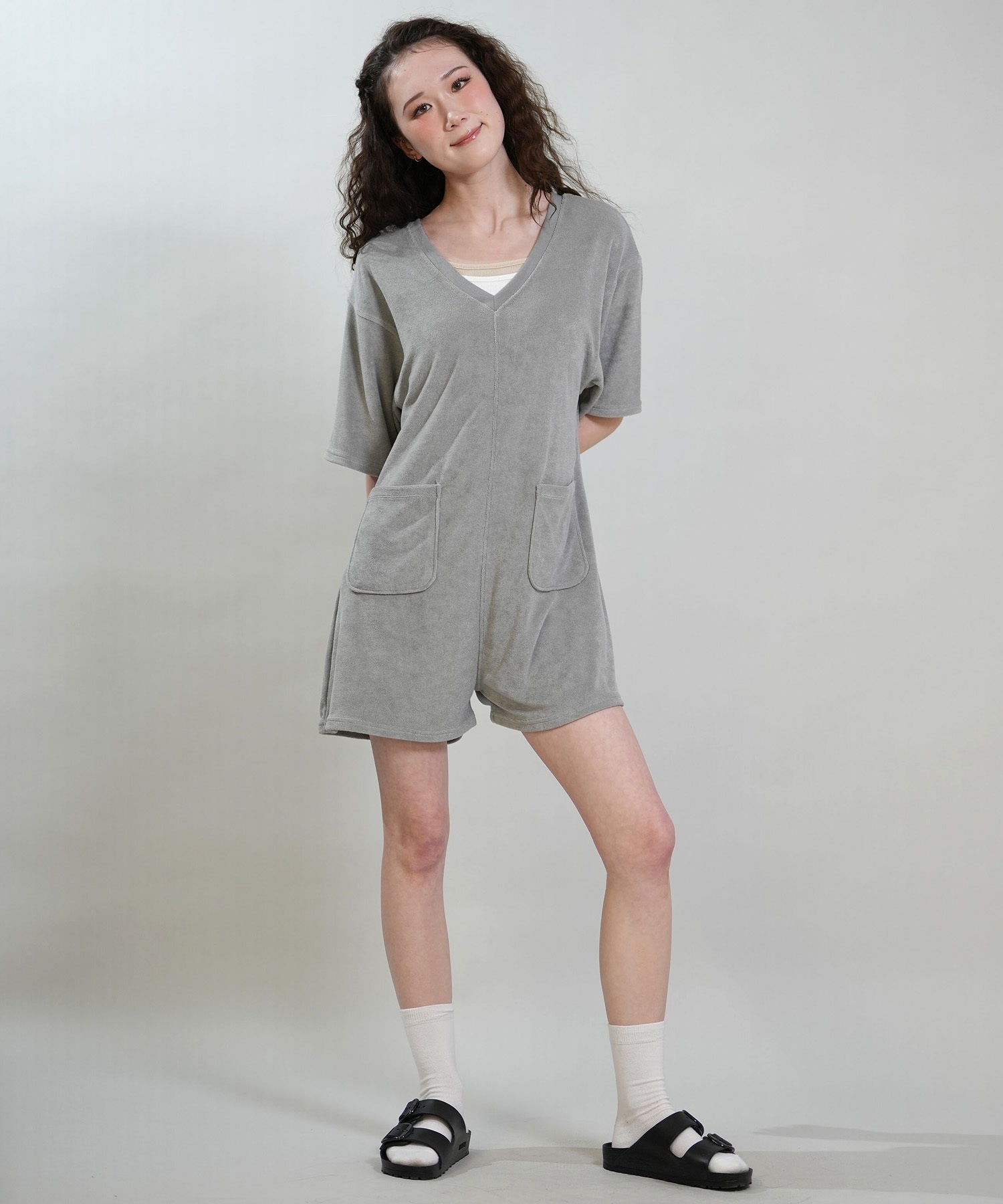 RIKKA FEMME リッカファム オールインワン ロンパース レディース パイル生地 ショート丈 吸水速乾 UVカット RF6S-1406(GRY-FREE)