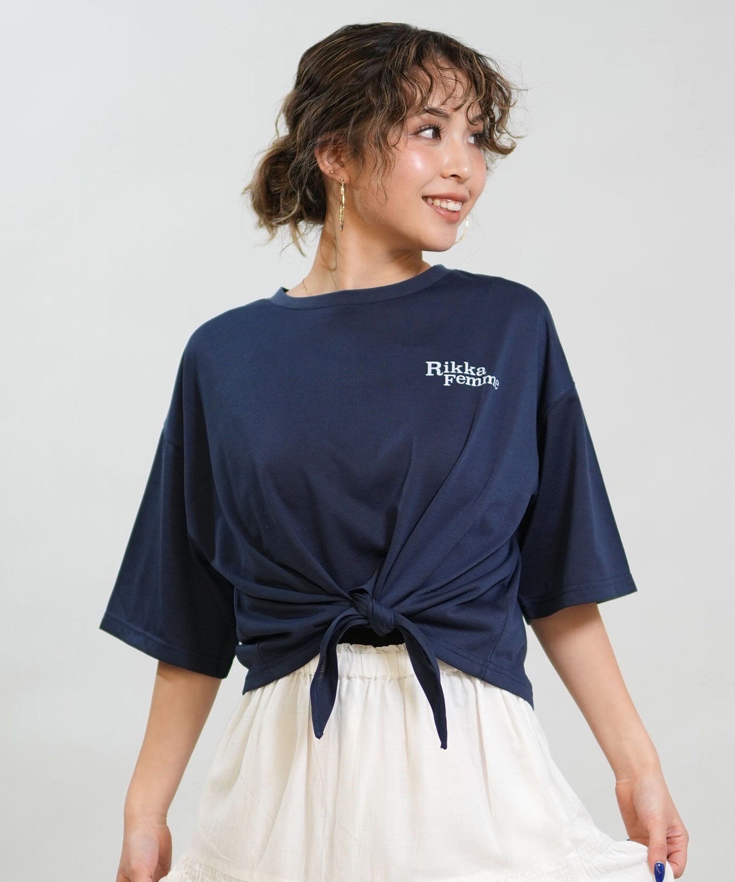 RIKKA FEMME リッカファム 半袖 Tシャツ レディース バックプリント 結びデザイン 吸水速乾 UVカット RF6S-2103(WHT-FREE)