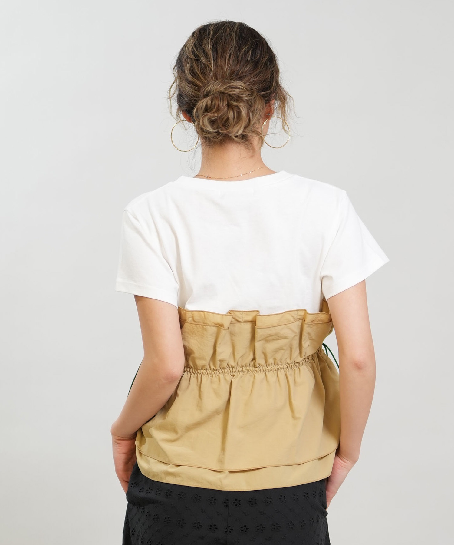 RIKKA FEMME リッカファム 半袖 Tシャツ レディース ドロスト ギャザー ドッキングカットソー RF6S-2106(BEG-FREE)