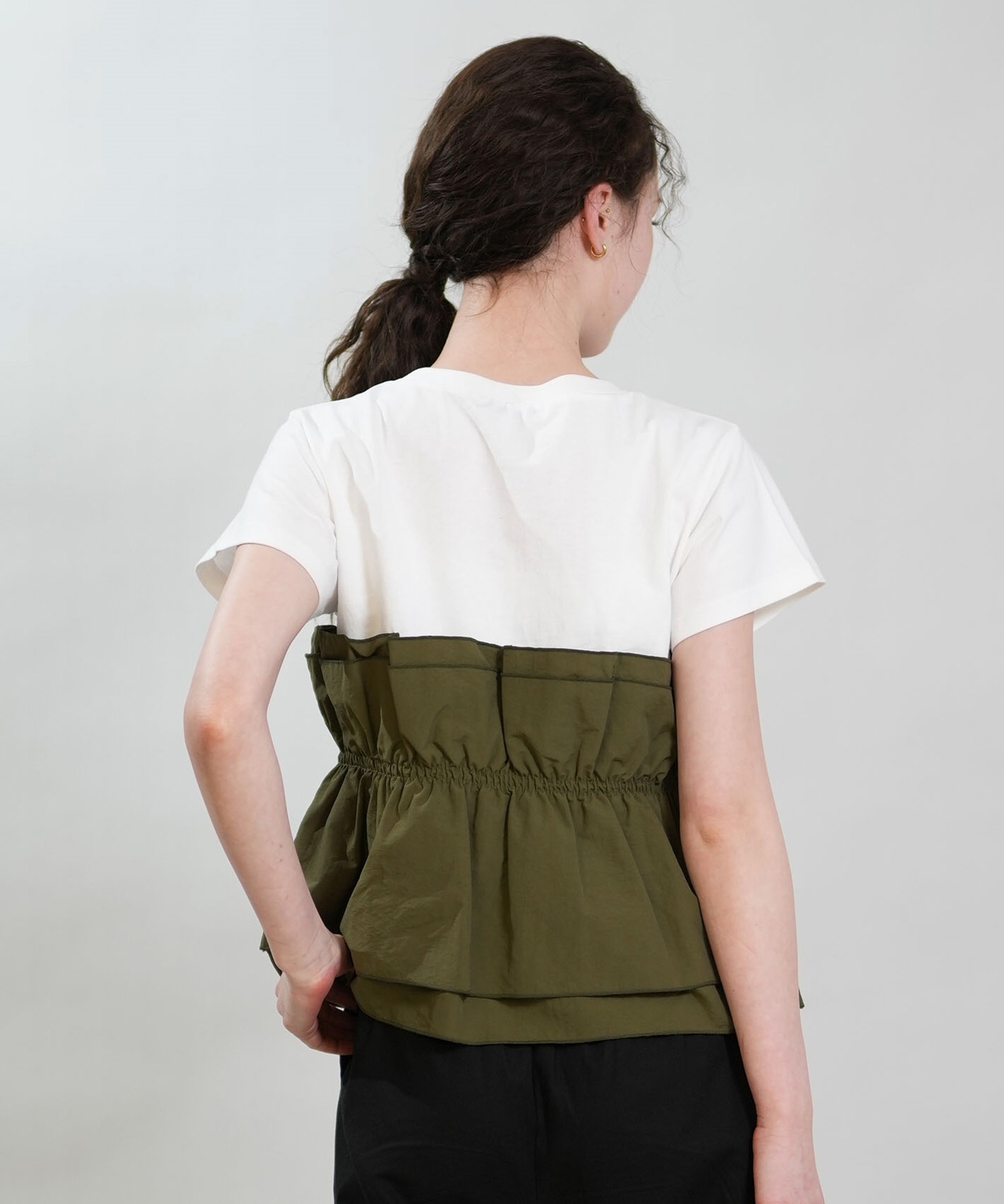 RIKKA FEMME リッカファム 半袖 Tシャツ レディース ドロスト ギャザー ドッキングカットソー RF6S-2106(BEG-FREE)