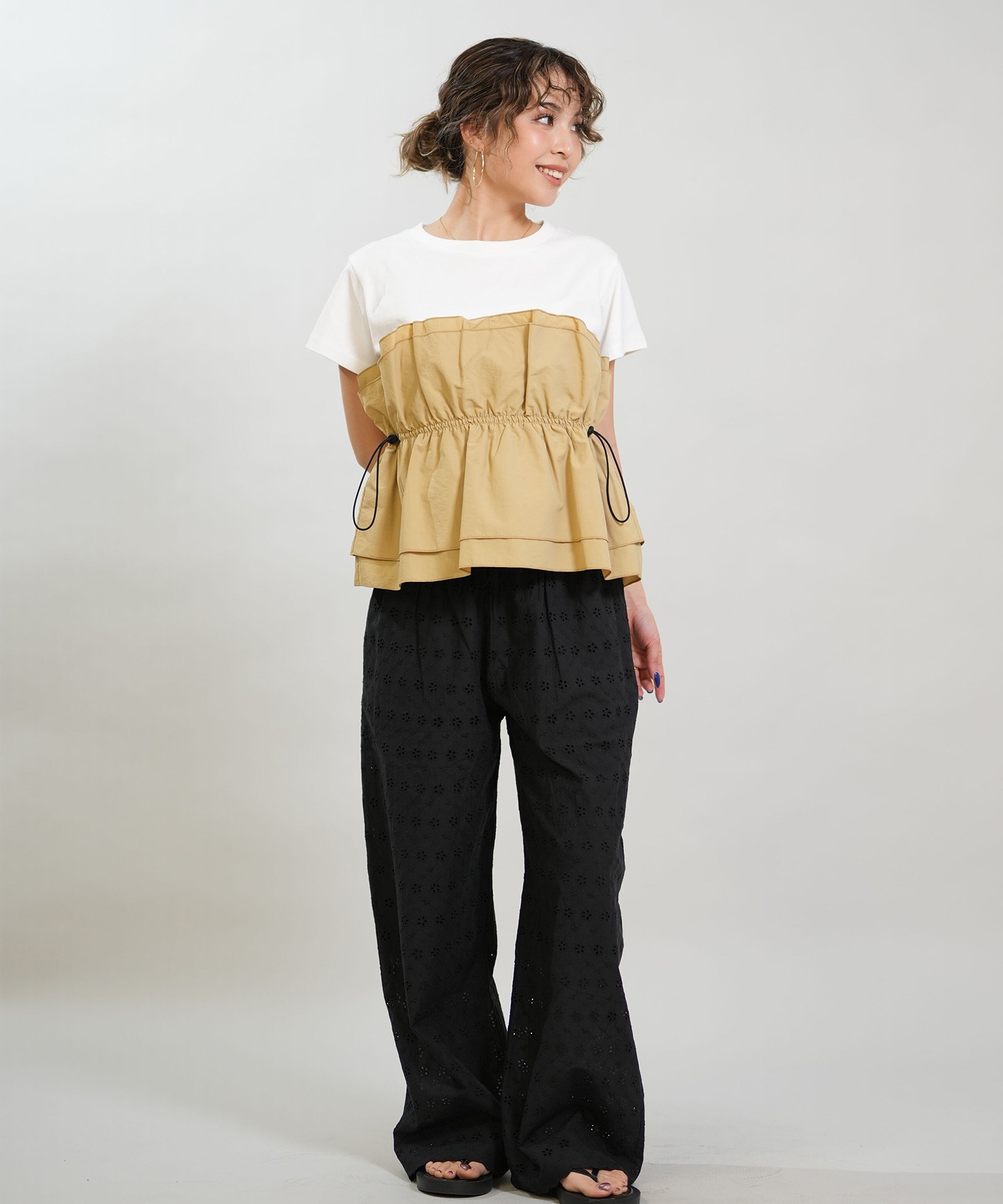 RIKKA FEMME リッカファム 半袖 Tシャツ レディース ドロスト ギャザー ドッキングカットソー RF6S-2106(BEG-FREE)