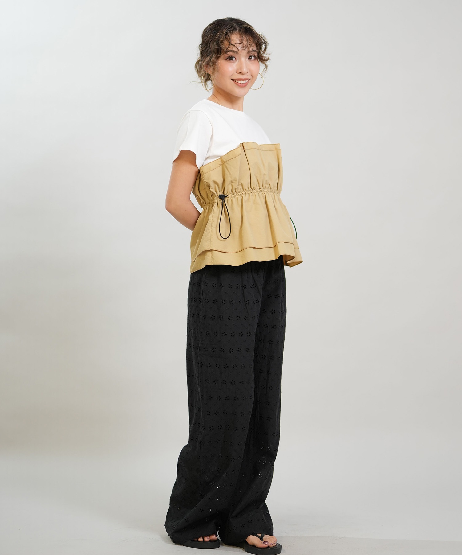 RIKKA FEMME リッカファム 半袖 Tシャツ レディース ドロスト ギャザー ドッキングカットソー RF6S-2106(BEG-FREE)