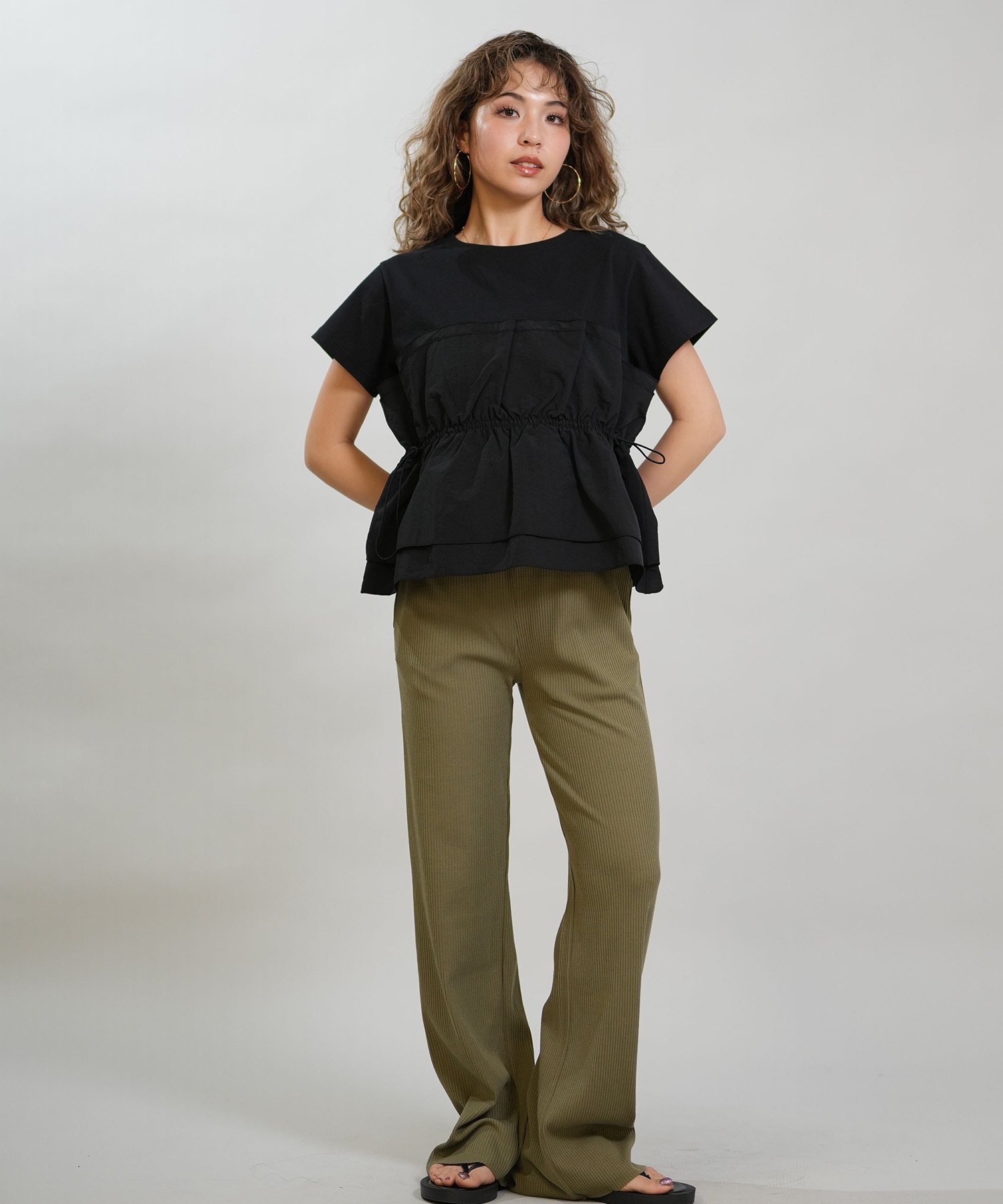 RIKKA FEMME リッカファム 半袖 Tシャツ レディース ドロスト ギャザー ドッキングカットソー RF6S-2106(BEG-FREE)