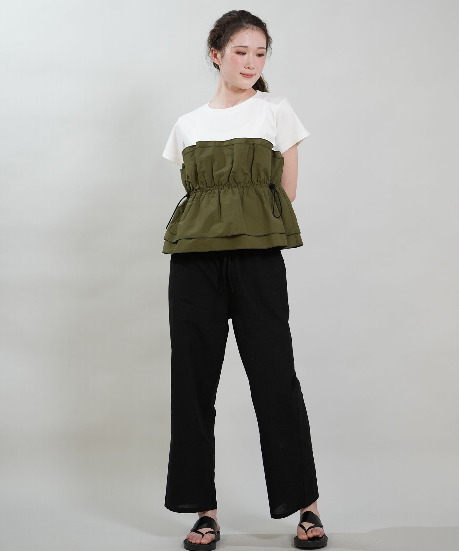RIKKA FEMME リッカファム 半袖 Tシャツ レディース ドロスト ギャザー ドッキングカットソー RF6S-2106(BEG-FREE)