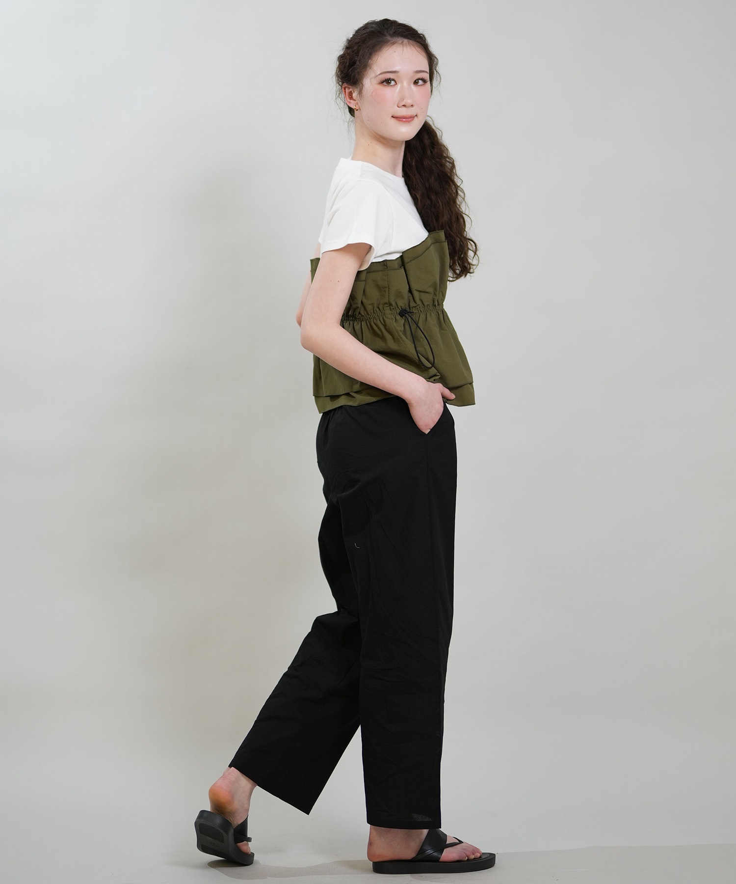 RIKKA FEMME リッカファム 半袖 Tシャツ レディース ドロスト ギャザー ドッキングカットソー RF6S-2106(BEG-FREE)