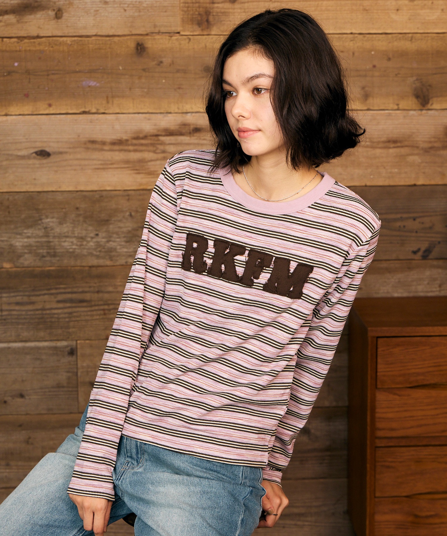RIKKA FEMME リッカファム 長袖 Tシャツ ロンT レディース ロゴ刺繍 ボーダー柄 RF6F-2204(NVY-SM)