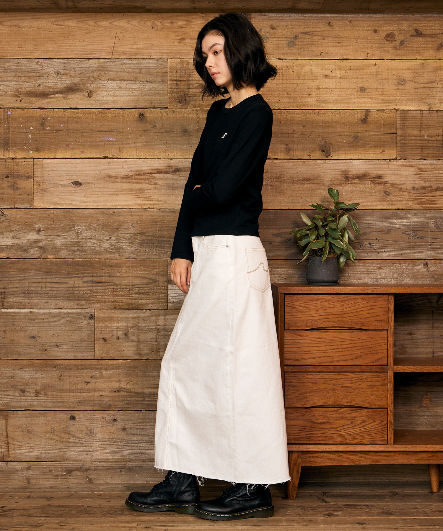 RIKKA FEMME リッカファム 長袖 Tシャツ ロンT レディース ワンポイント ロゴ リングドットボタン RF6F-2201(BLK-SM)