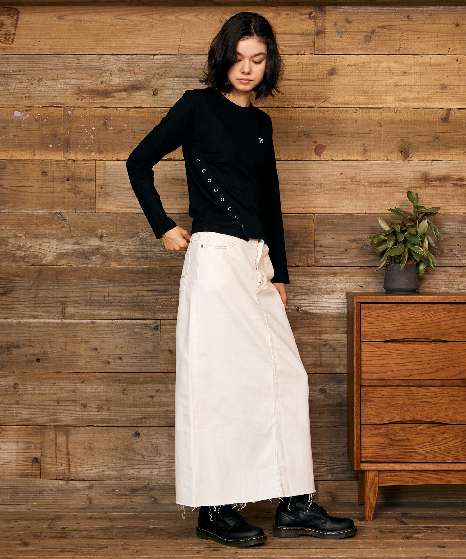 RIKKA FEMME リッカファム 長袖 Tシャツ ロンT レディース ワンポイント ロゴ リングドットボタン RF6F-2201(BLK-SM)